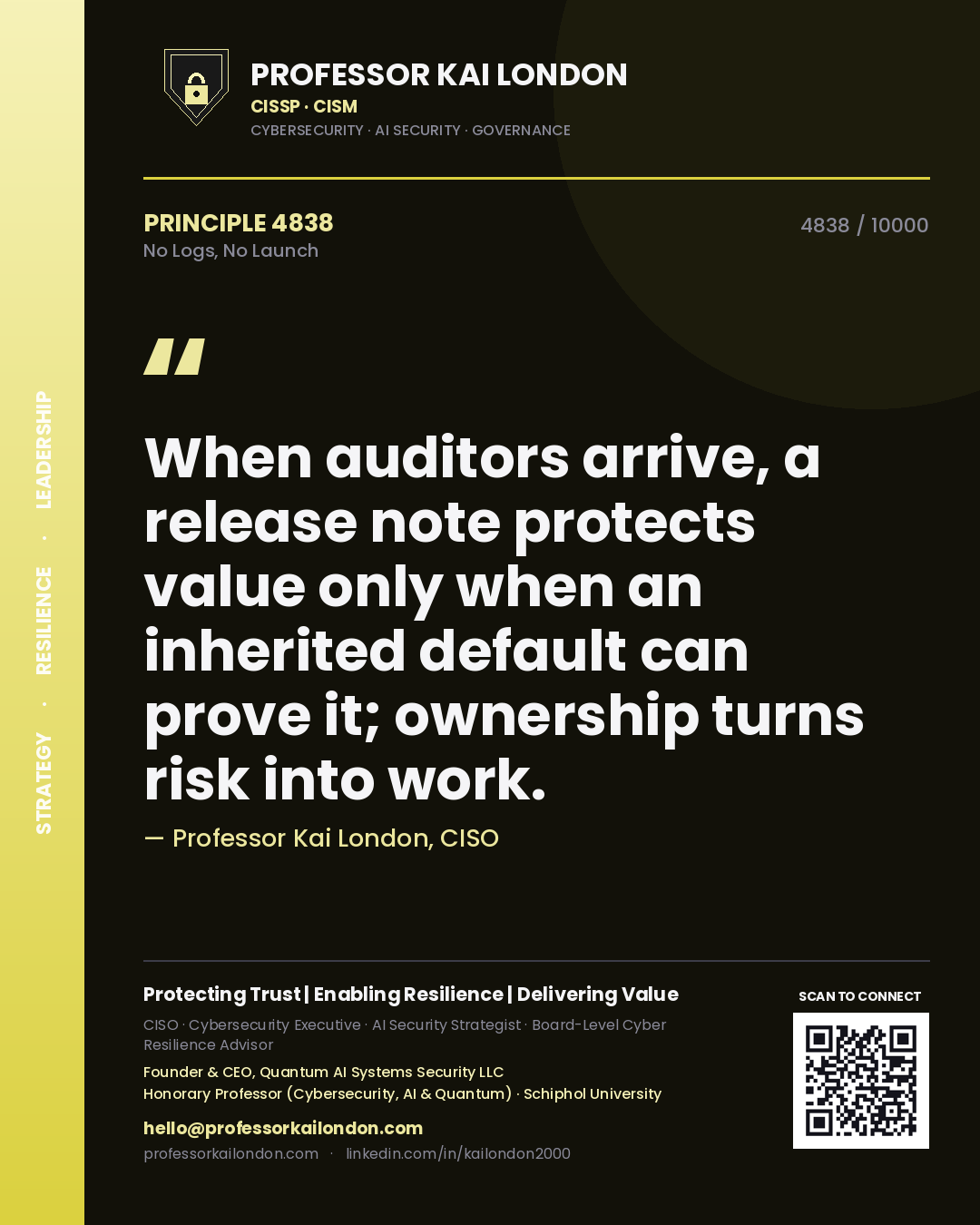 Professor Kai London principle 4838: When auditors arrive, a release note protects value only when an inherited default can prove it; ownership turns risk into work.