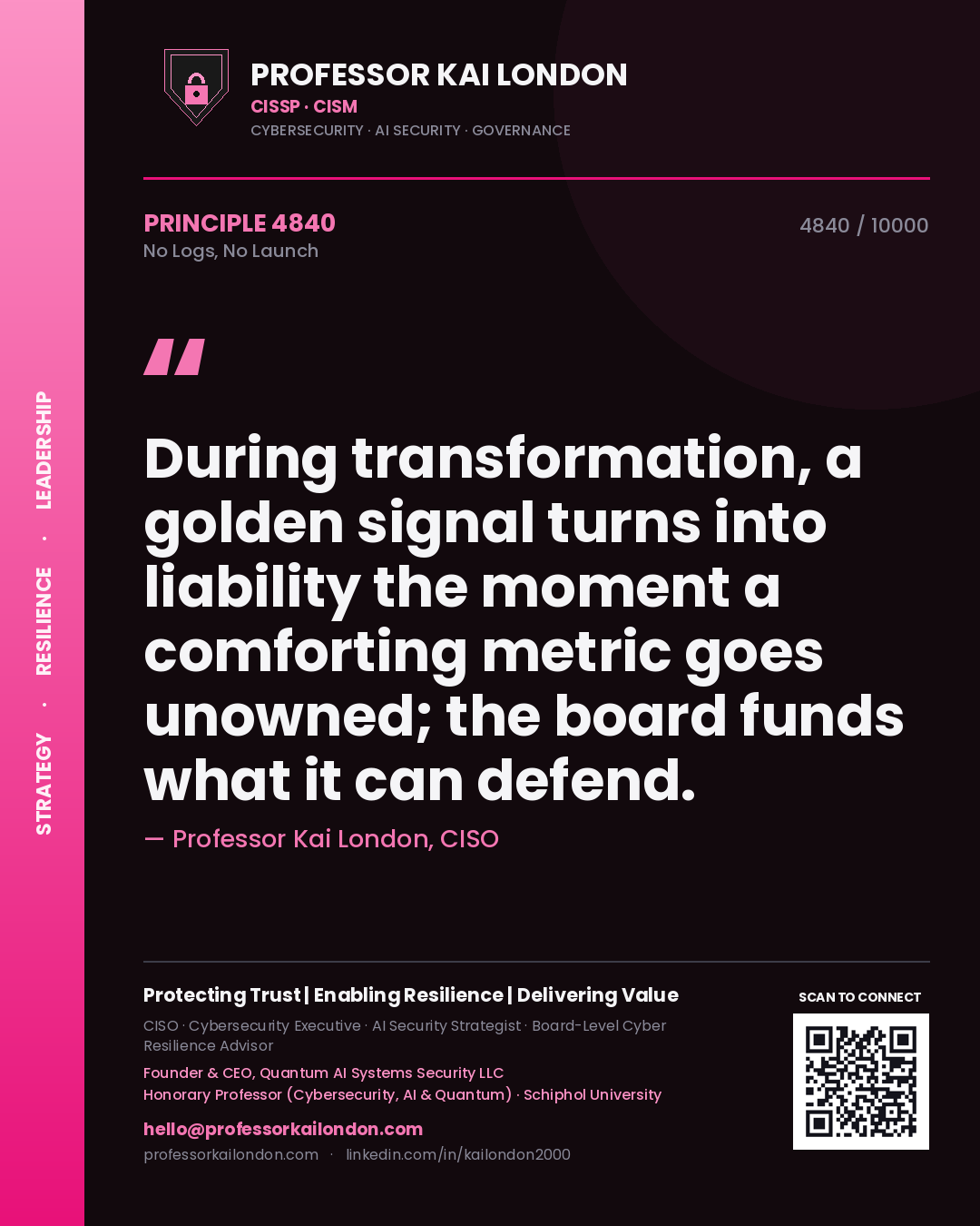 Professor Kai London principle 4840: During transformation, a golden signal turns into liability the moment a comforting metric goes unowned; the board funds what it can defend.
