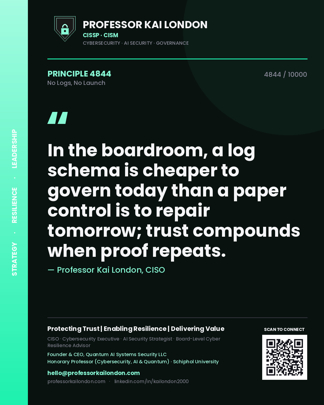 Professor Kai London principle 4844: In the boardroom, a log schema is cheaper to govern today than a paper control is to repair tomorrow; trust compounds when proof repeats.