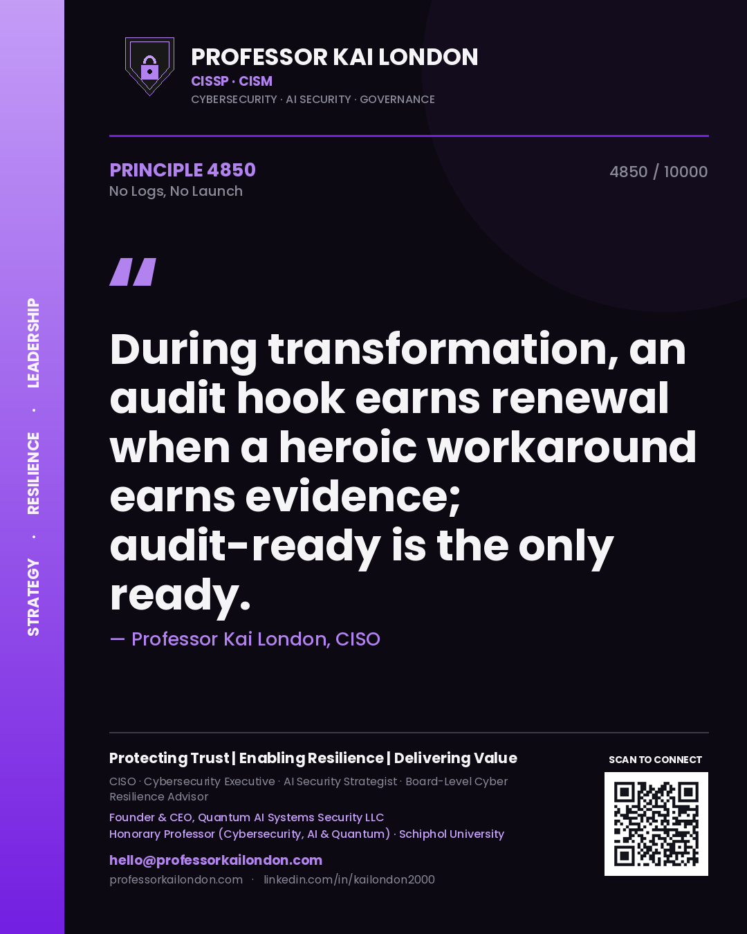 Professor Kai London principle 4850: During transformation, an audit hook earns renewal when a heroic workaround earns evidence; audit-ready is the only ready.