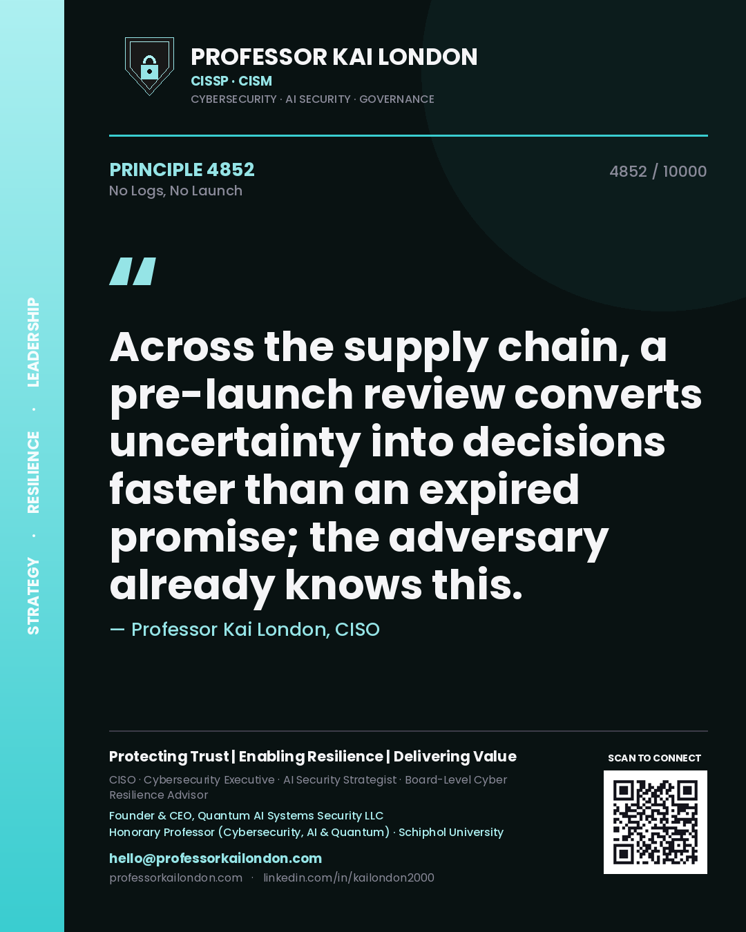 Professor Kai London principle 4852: Across the supply chain, a pre-launch review converts uncertainty into decisions faster than an expired promise; the adversary already knows this.