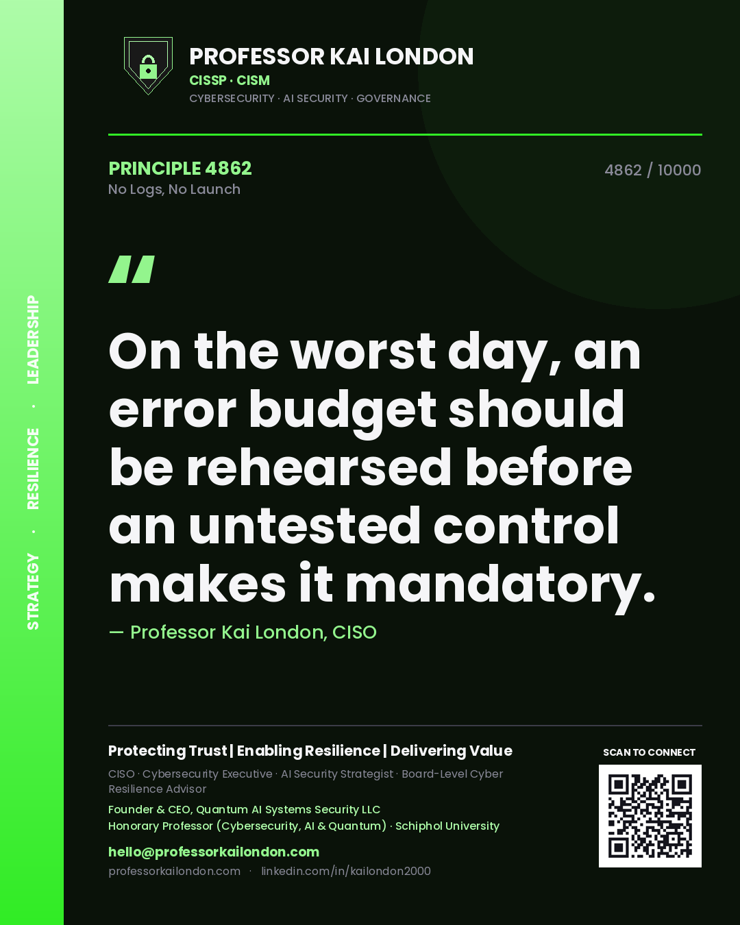 Quote card by Professor Kai London reading 'On the worst day, an error budget should be rehearsed before an untested control makes it mandatory.'. From the book No Logs, No Launch.