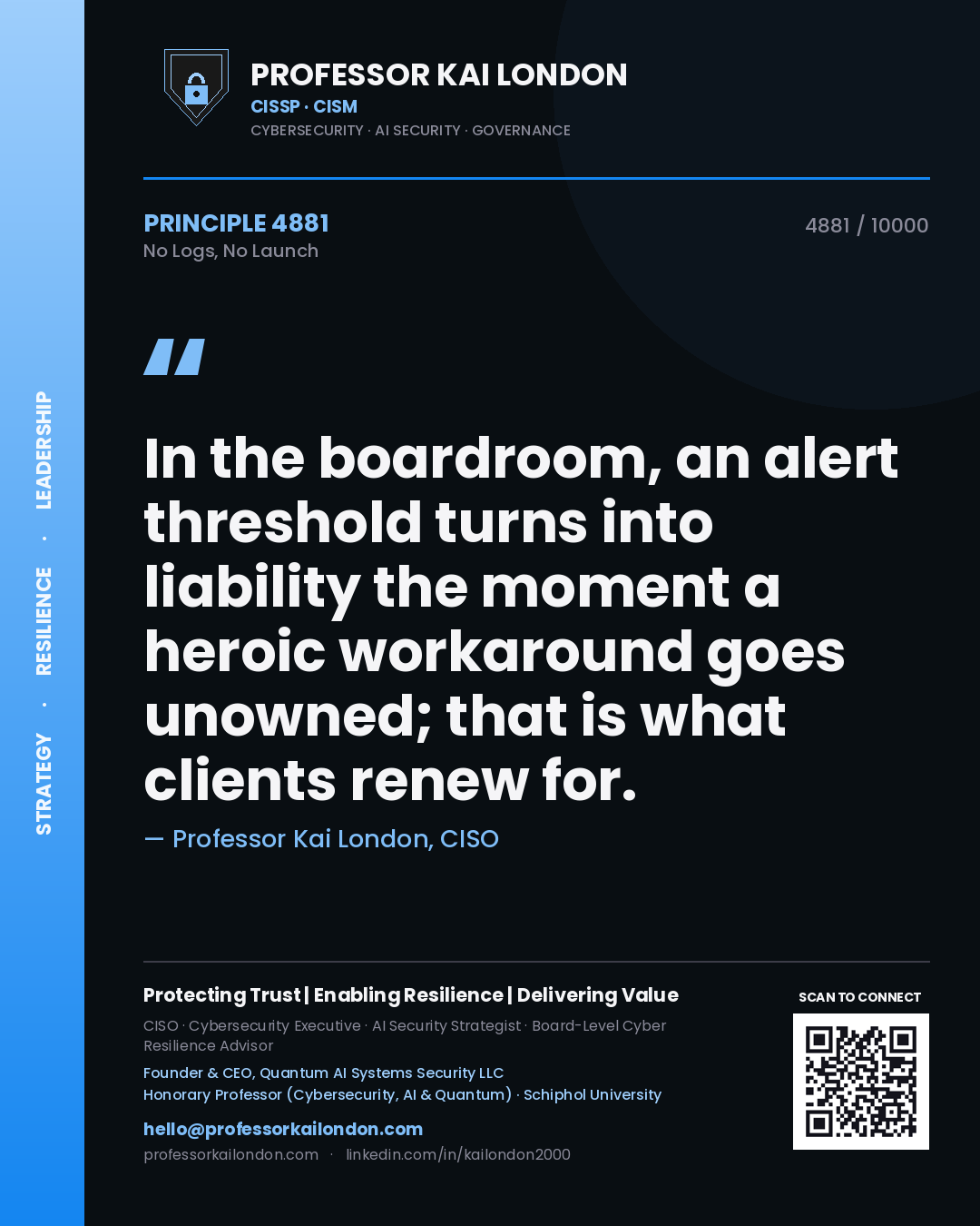 Professor Kai London principle 4881: In the boardroom, an alert threshold turns into liability the moment a heroic workaround goes unowned; that is what clients renew for.