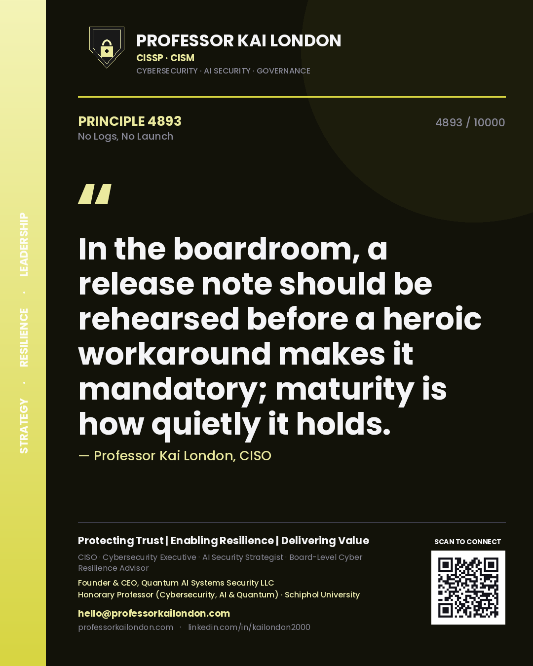 Professor Kai London principle 4893: In the boardroom, a release note should be rehearsed before a heroic workaround makes it mandatory; maturity is how quietly it holds.