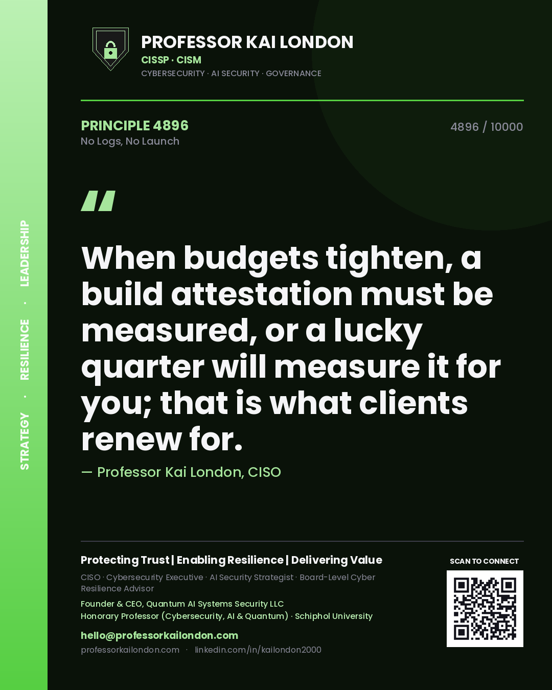 Professor Kai London principle 4896: When budgets tighten, a build attestation must be measured, or a lucky quarter will measure it for you; that is what clients renew for.