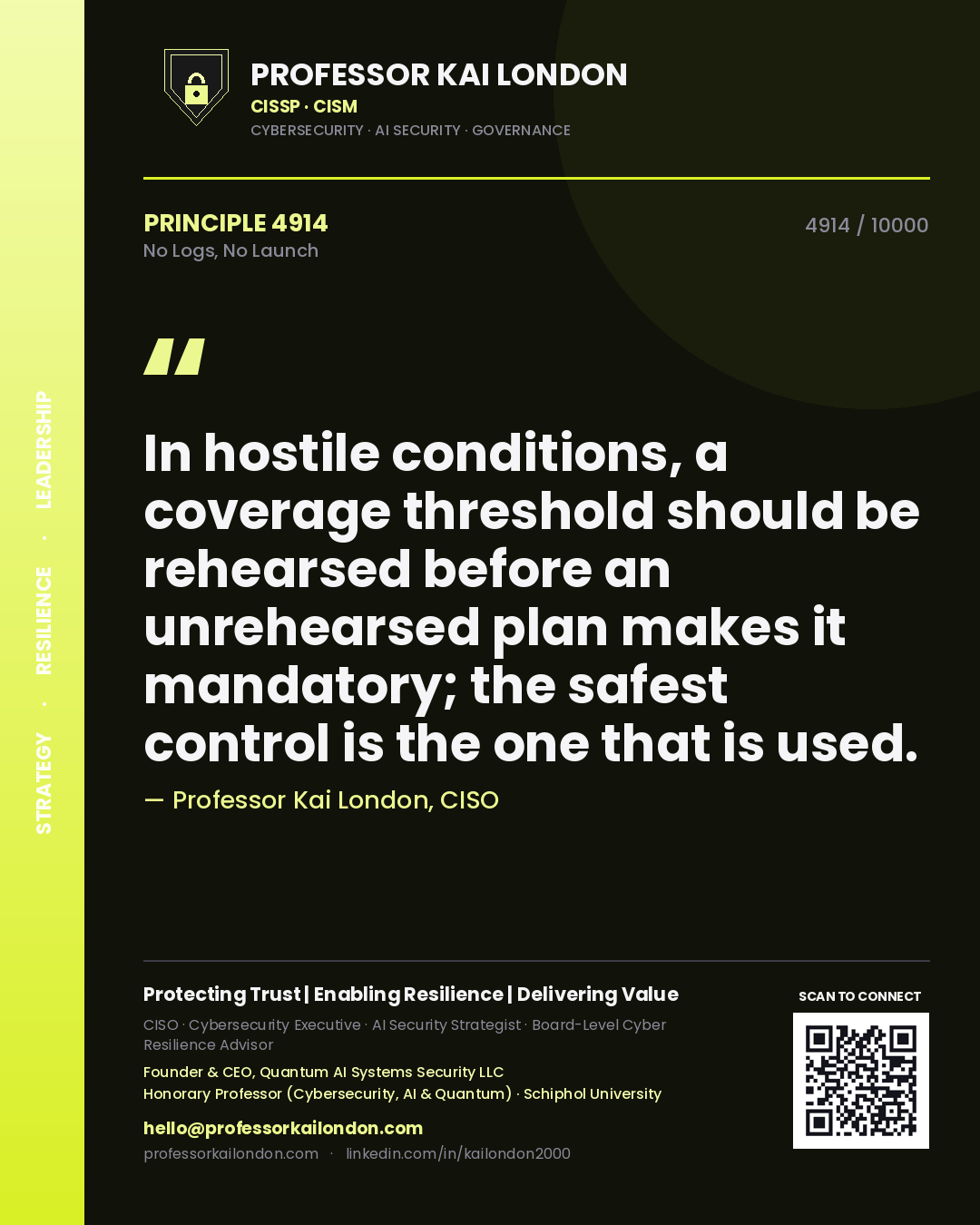 Quote card by Professor Kai London reading 'In hostile conditions, a coverage threshold should be rehearsed before an unrehearsed plan makes it mandatory; the safest control is the one that is used.'. From the book No Logs, No Launch.