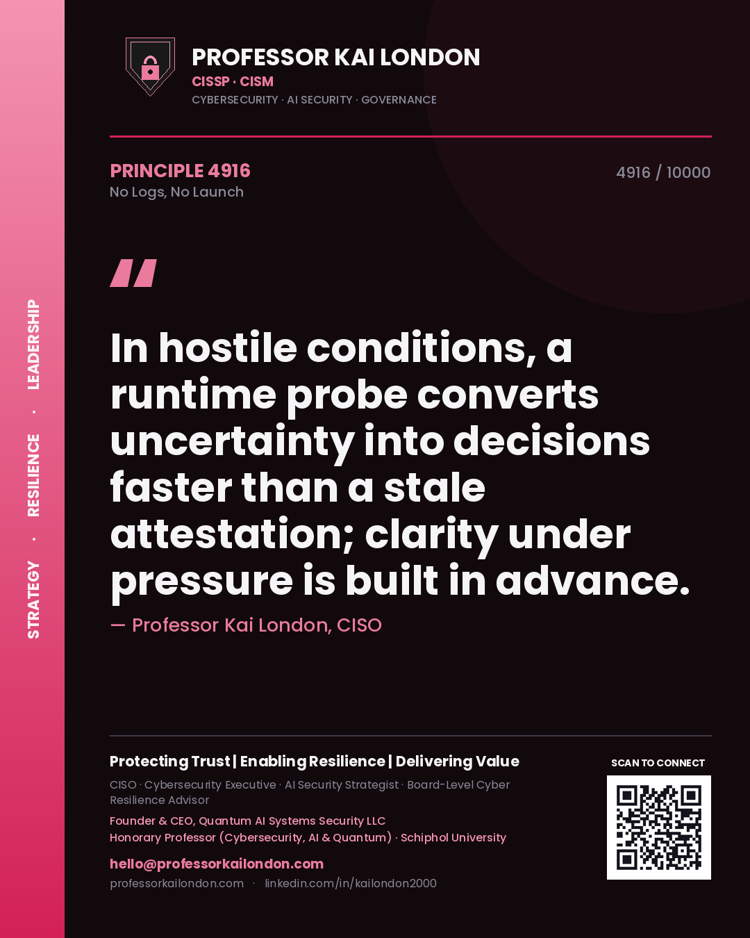 Professor Kai London principle 4916: In hostile conditions, a runtime probe converts uncertainty into decisions faster than a stale attestation; clarity under pressure is built in advance.