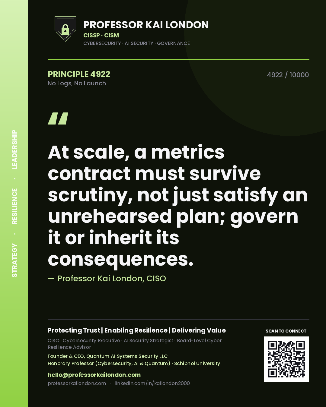 Quote card by Professor Kai London reading 'At scale, a metrics contract must survive scrutiny, not just satisfy an unrehearsed plan; govern it or inherit its consequences.'. From the book No Logs, No Launch.