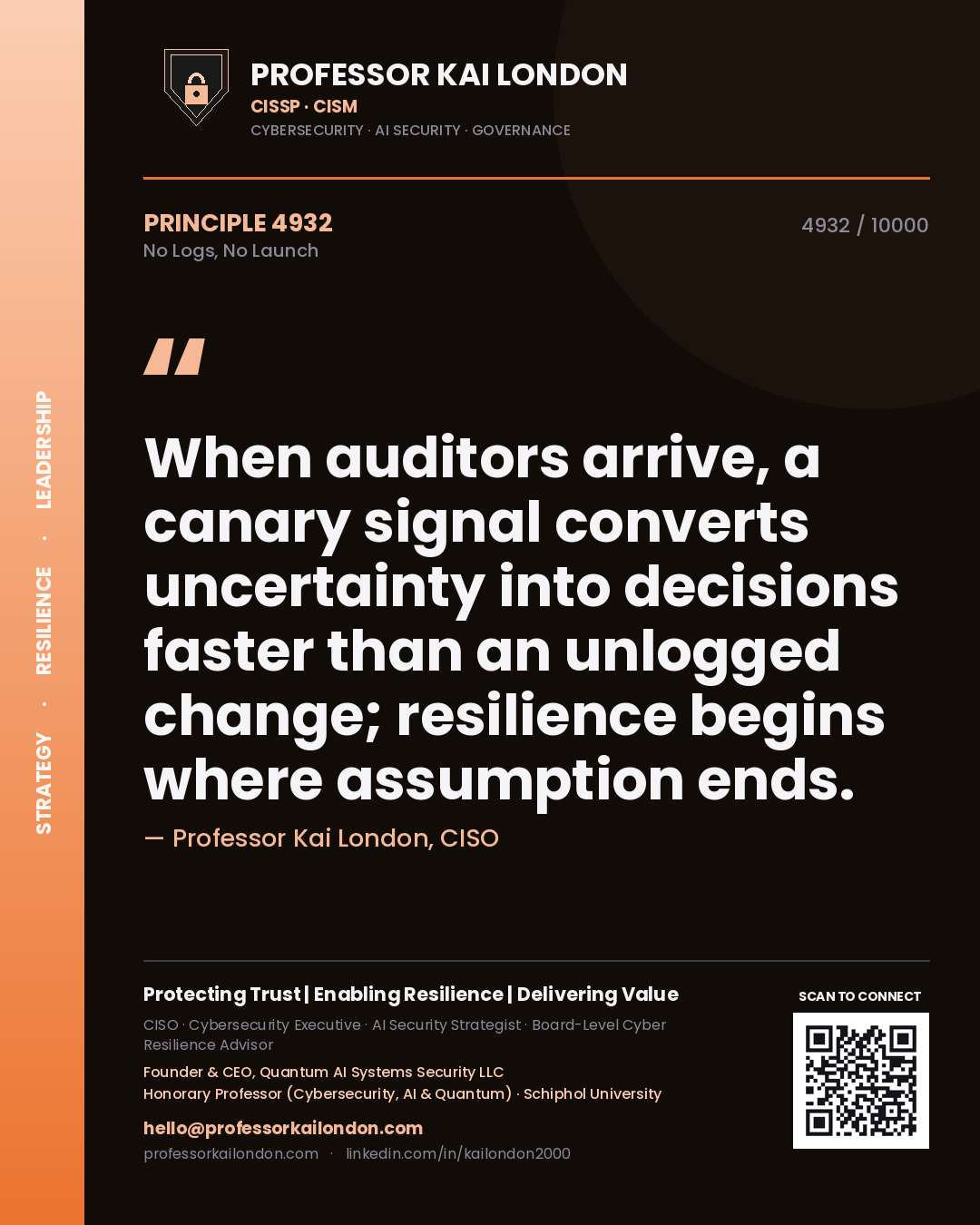 Professor Kai London principle 4932: When auditors arrive, a canary signal converts uncertainty into decisions faster than an unlogged change; resilience begins where assumption ends.