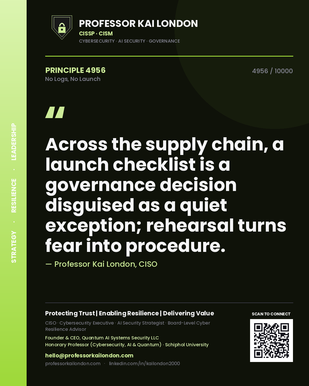 Professor Kai London principle 4956: Across the supply chain, a launch checklist is a governance decision disguised as a quiet exception; rehearsal turns fear into procedure.