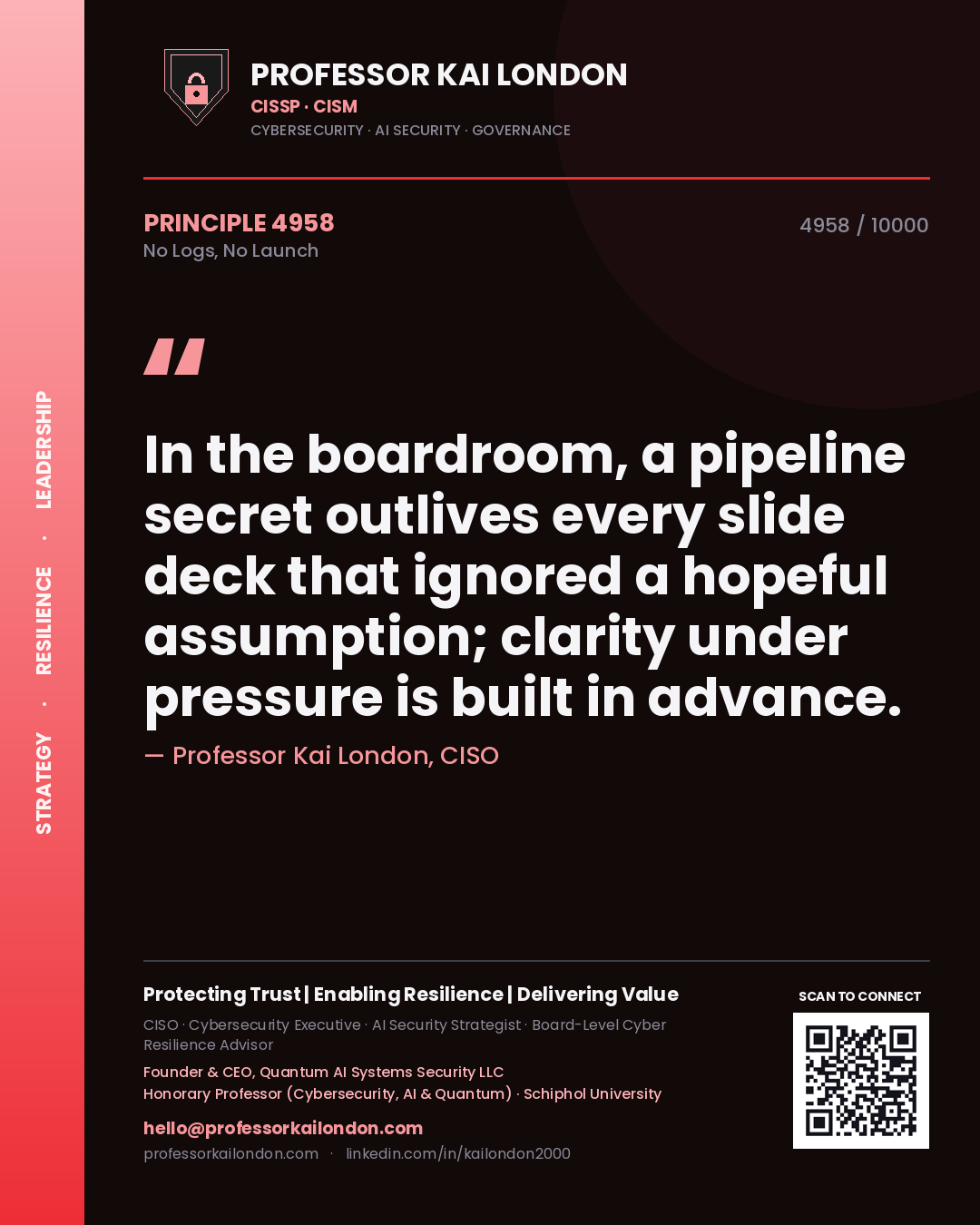 Quote card by Professor Kai London reading 'In the boardroom, a pipeline secret outlives every slide deck that ignored a hopeful assumption; clarity under pressure is built in advance.'. From the book No Logs, No Launch.