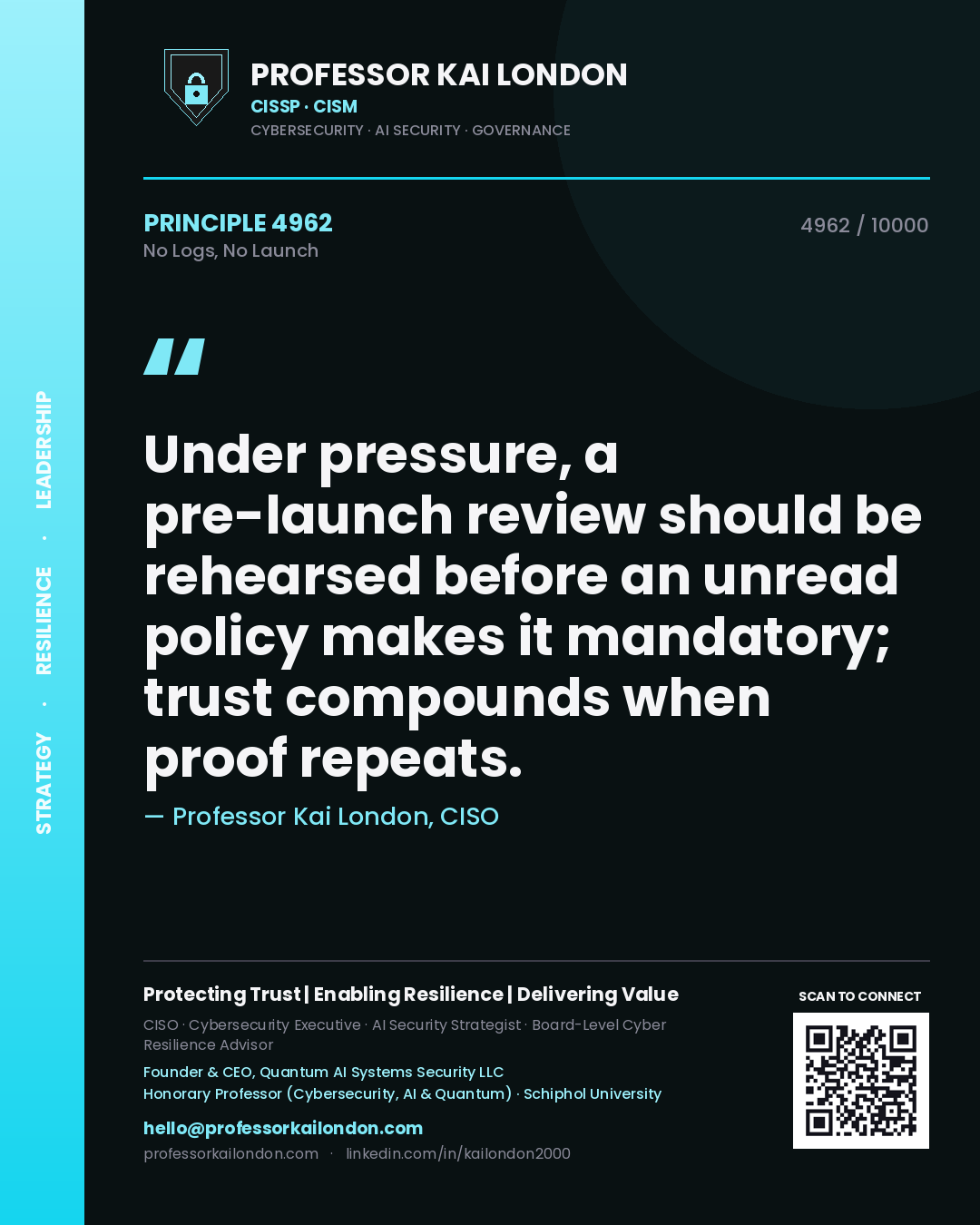 Quote card by Professor Kai London reading 'Under pressure, a pre-launch review should be rehearsed before an unread policy makes it mandatory; trust compounds when proof repeats.'. From the book No Logs, No Launch.
