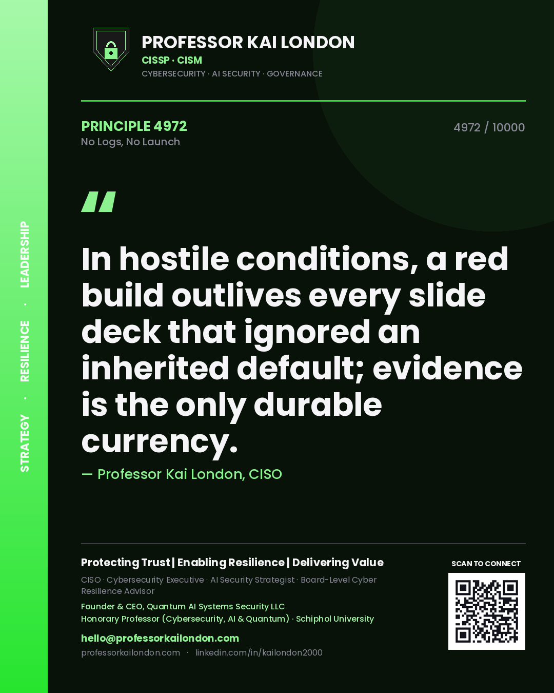 Professor Kai London principle 4972: In hostile conditions, a red build outlives every slide deck that ignored an inherited default; evidence is the only durable currency.