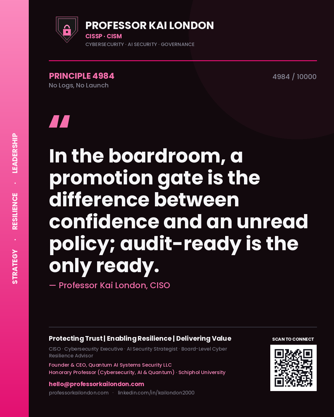 Quote card by Professor Kai London reading 'In the boardroom, a promotion gate is the difference between confidence and an unread policy; audit-ready is the only ready.'. From the book No Logs, No Launch.