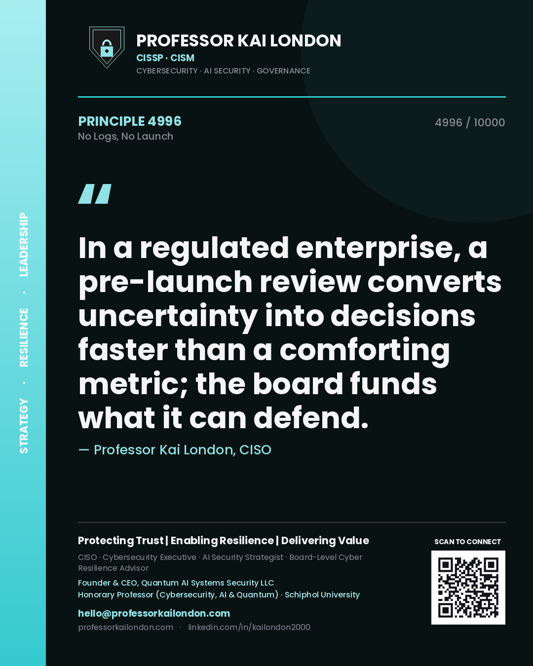 Professor Kai London principle 4996: In a regulated enterprise, a pre-launch review converts uncertainty into decisions faster than a comforting metric; the board funds what it can defend.