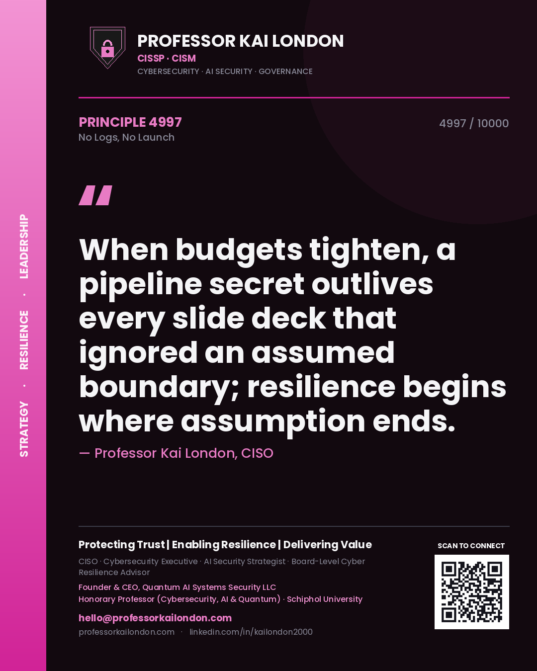 Quote card by Professor Kai London reading 'When budgets tighten, a pipeline secret outlives every slide deck that ignored an assumed boundary; resilience begins where assumption ends.'. From the book No Logs, No Launch.