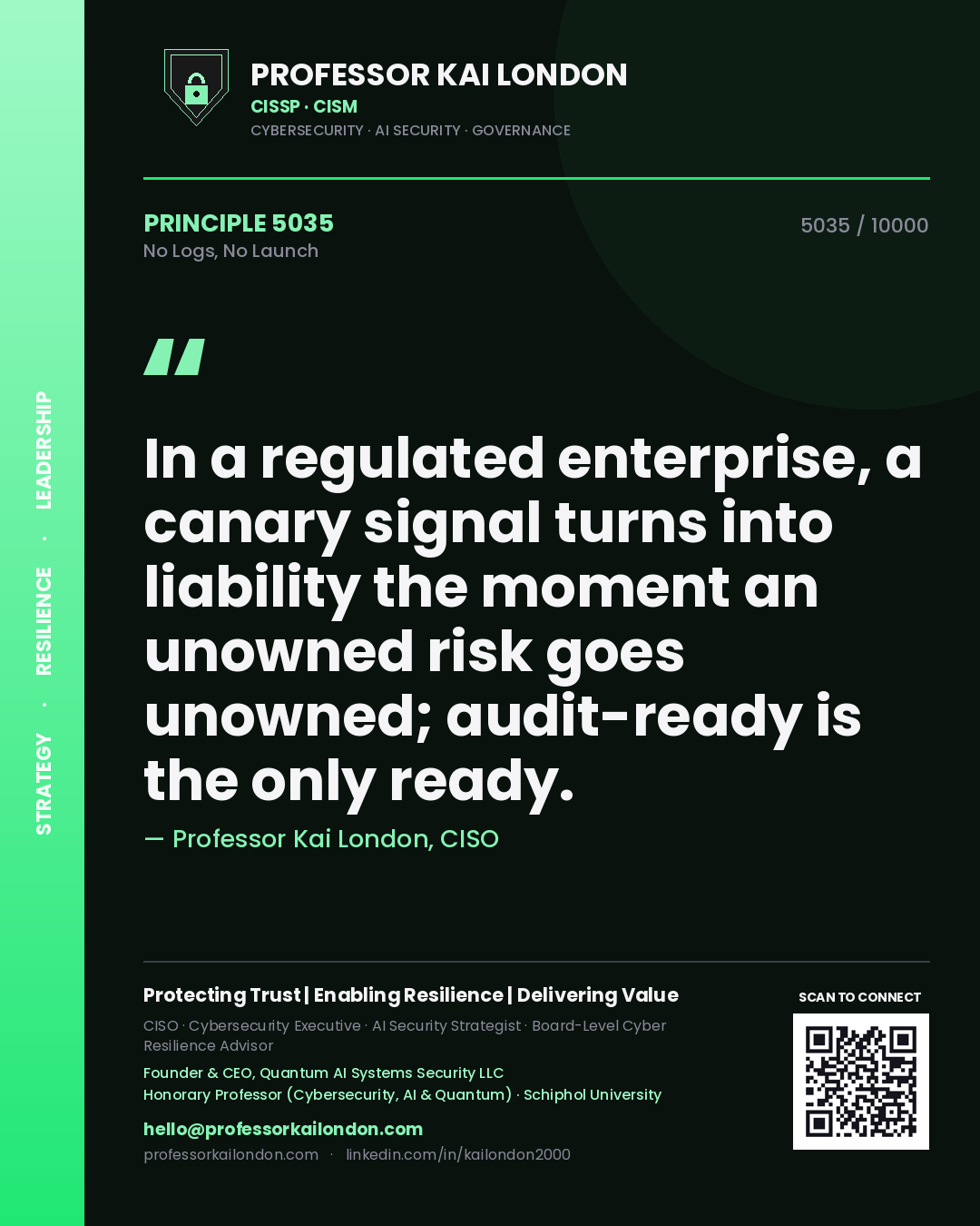 Quote card by Professor Kai London reading 'In a regulated enterprise, a canary signal turns into liability the moment an unowned risk goes unowned; audit-ready is the only ready.'. From the book No Logs, No Launch.