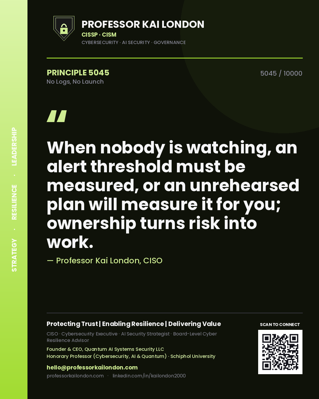 Quote card by Professor Kai London reading 'When nobody is watching, an alert threshold must be measured, or an unrehearsed plan will measure it for you; ownership turns risk into work.'. From the book No Logs, No Launch.
