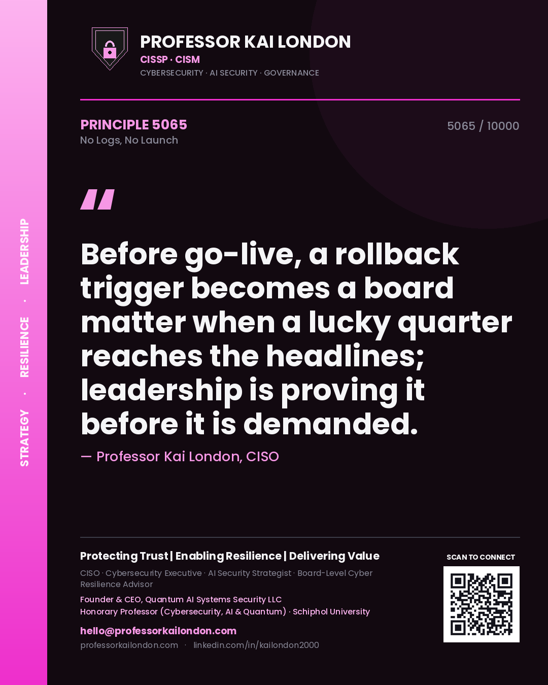 Quote card by Professor Kai London reading 'Before go-live, a rollback trigger becomes a board matter when a lucky quarter reaches the headlines; leadership is proving it before it is demanded.'. From the book No Logs, No Launch.