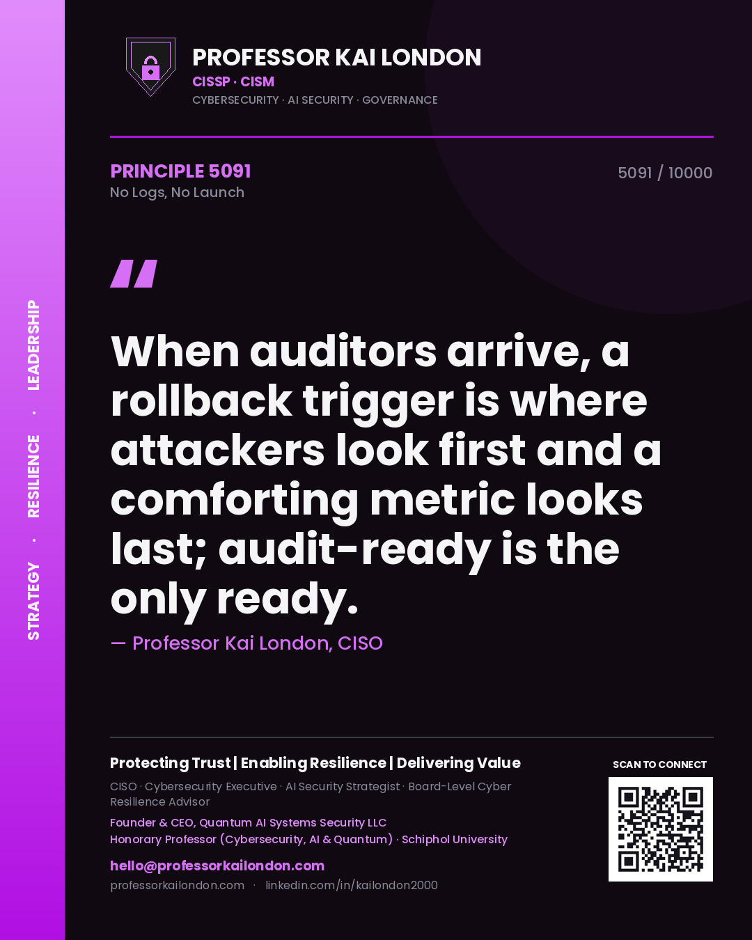 Quote card by Professor Kai London reading 'When auditors arrive, a rollback trigger is where attackers look first and a comforting metric looks last; audit-ready is the only ready.'. From the book No Logs, No Launch.