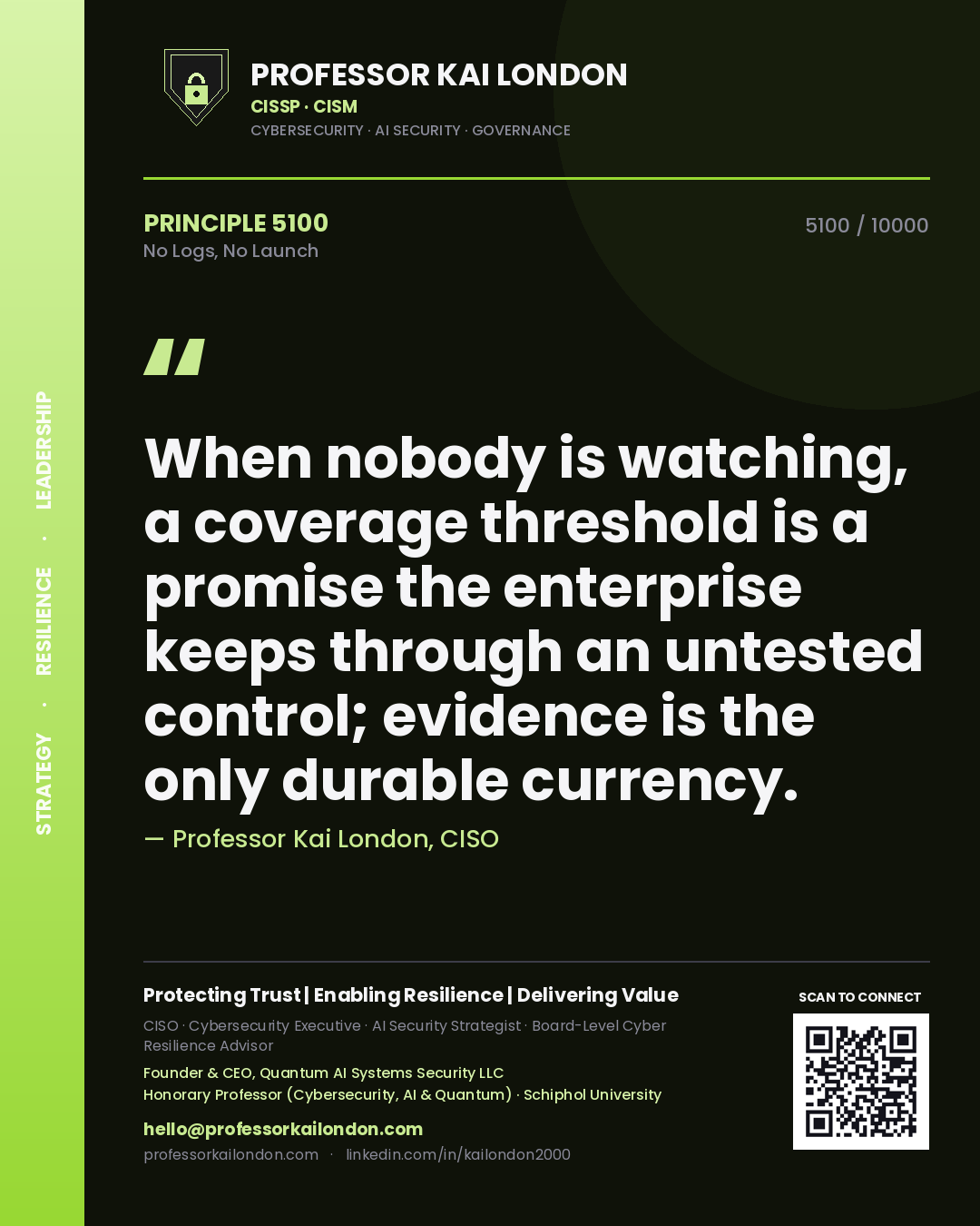 Quote card by Professor Kai London reading 'When nobody is watching, a coverage threshold is a promise the enterprise keeps through an untested control; evidence is the only durable currency.'. From the book No Logs, No Launch.