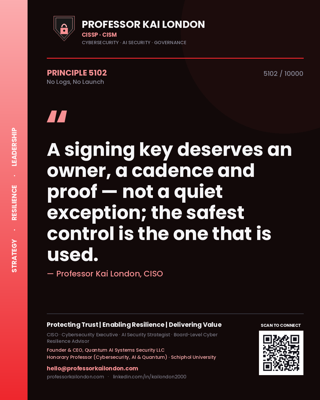 Professor Kai London principle 5102: A signing key deserves an owner, a cadence and proof — not a quiet exception; the safest control is the one that is used.