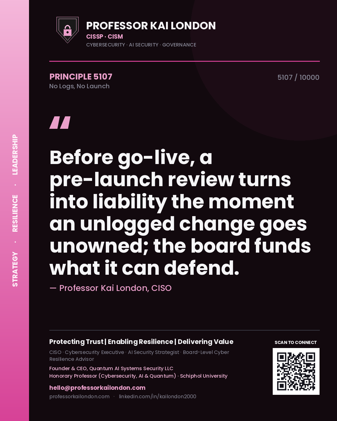 Quote card by Professor Kai London reading 'Before go-live, a pre-launch review turns into liability the moment an unlogged change goes unowned; the board funds what it can defend.'. From the book No Logs, No Launch.