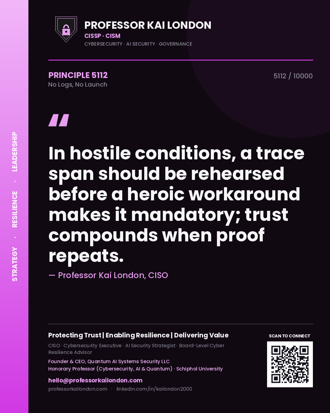 Quote card by Professor Kai London reading 'In hostile conditions, a trace span should be rehearsed before a heroic workaround makes it mandatory; trust compounds when proof repeats.'. From the book No Logs, No Launch.