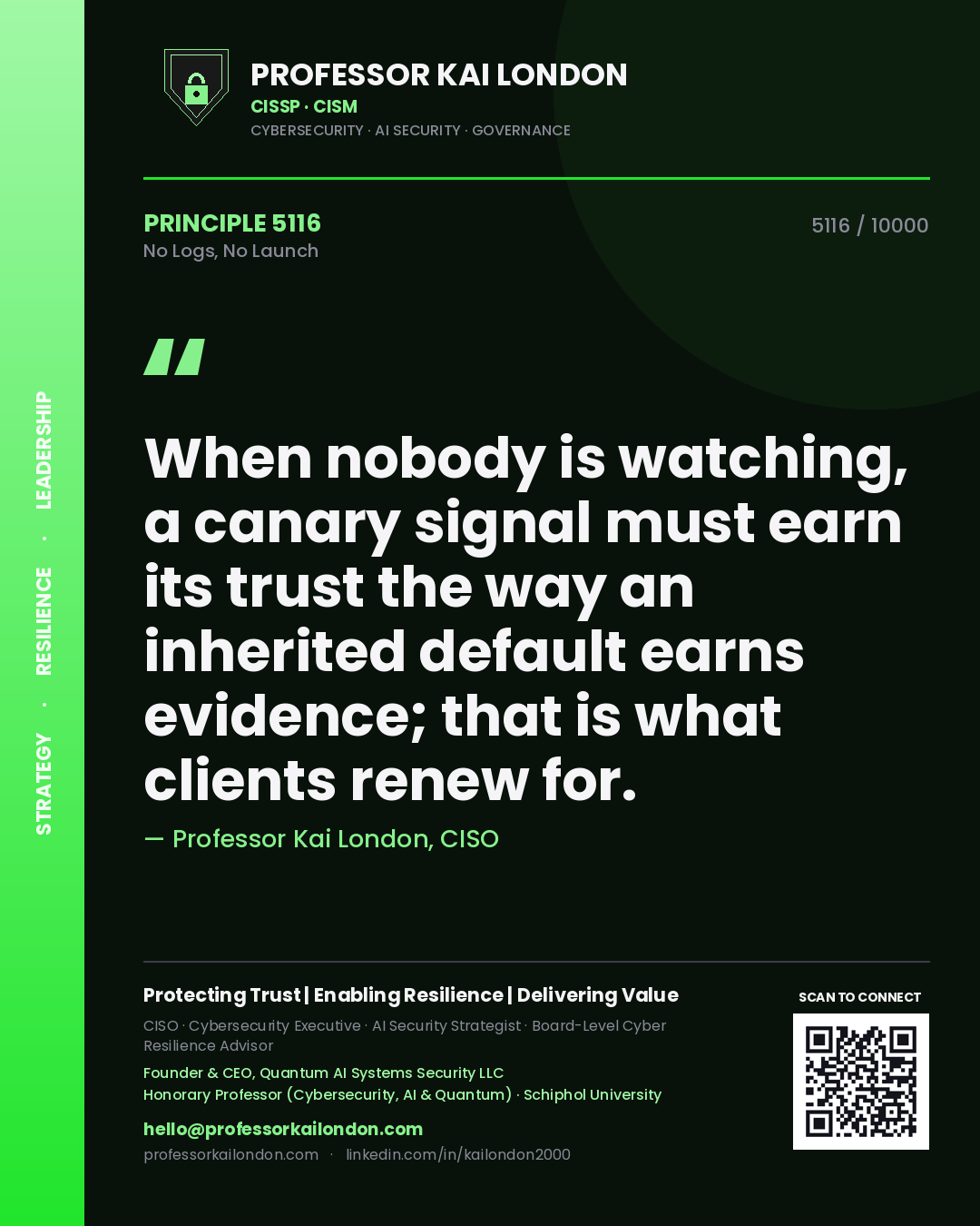 Professor Kai London principle 5116: When nobody is watching, a canary signal must earn its trust the way an inherited default earns evidence; that is what clients renew for.