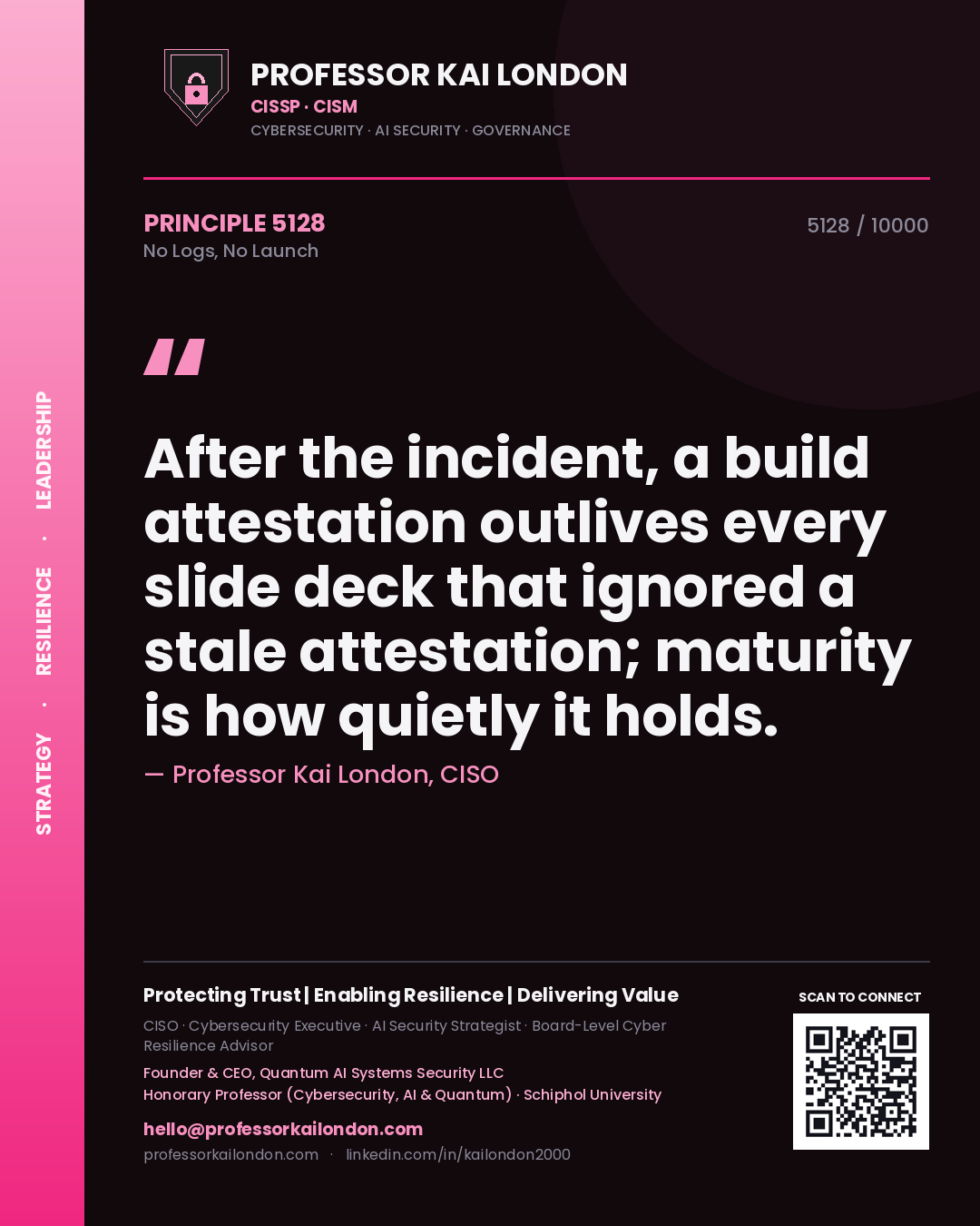 Professor Kai London principle 5128: After the incident, a build attestation outlives every slide deck that ignored a stale attestation; maturity is how quietly it holds.