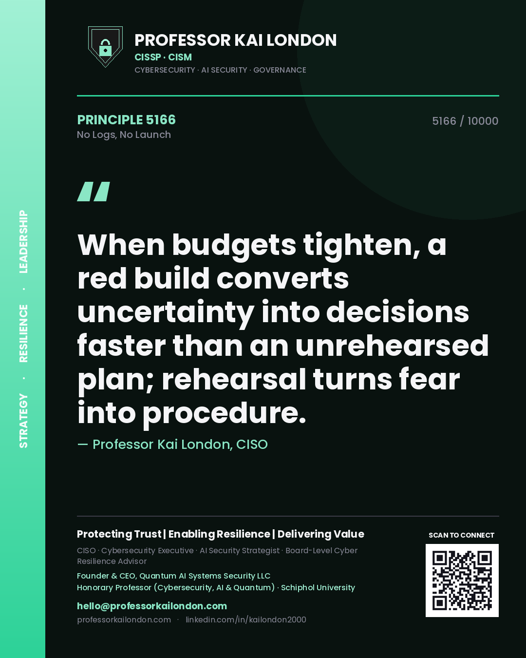 Quote card by Professor Kai London reading 'When budgets tighten, a red build converts uncertainty into decisions faster than an unrehearsed plan; rehearsal turns fear into procedure.'. From the book No Logs, No Launch.