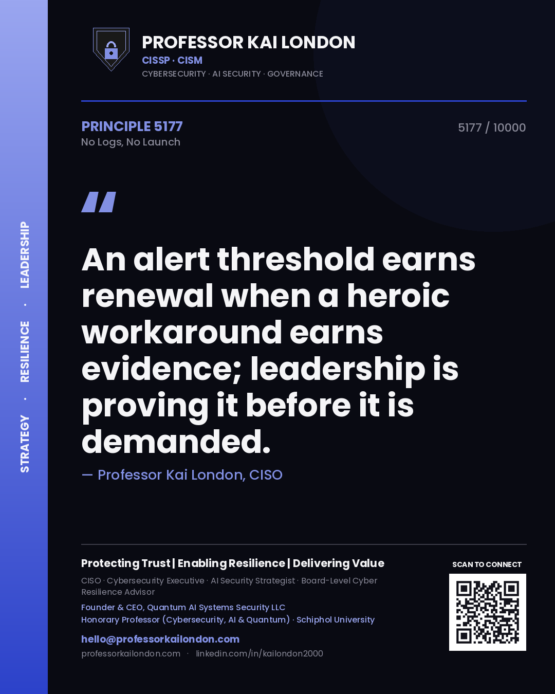 Quote card by Professor Kai London reading 'An alert threshold earns renewal when a heroic workaround earns evidence; leadership is proving it before it is demanded.'. From the book No Logs, No Launch.