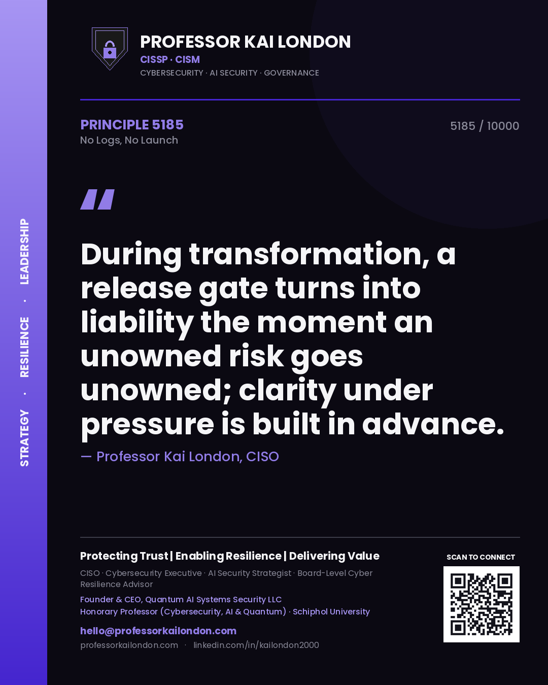 Professor Kai London principle 5185: During transformation, a release gate turns into liability the moment an unowned risk goes unowned; clarity under pressure is built in advance.