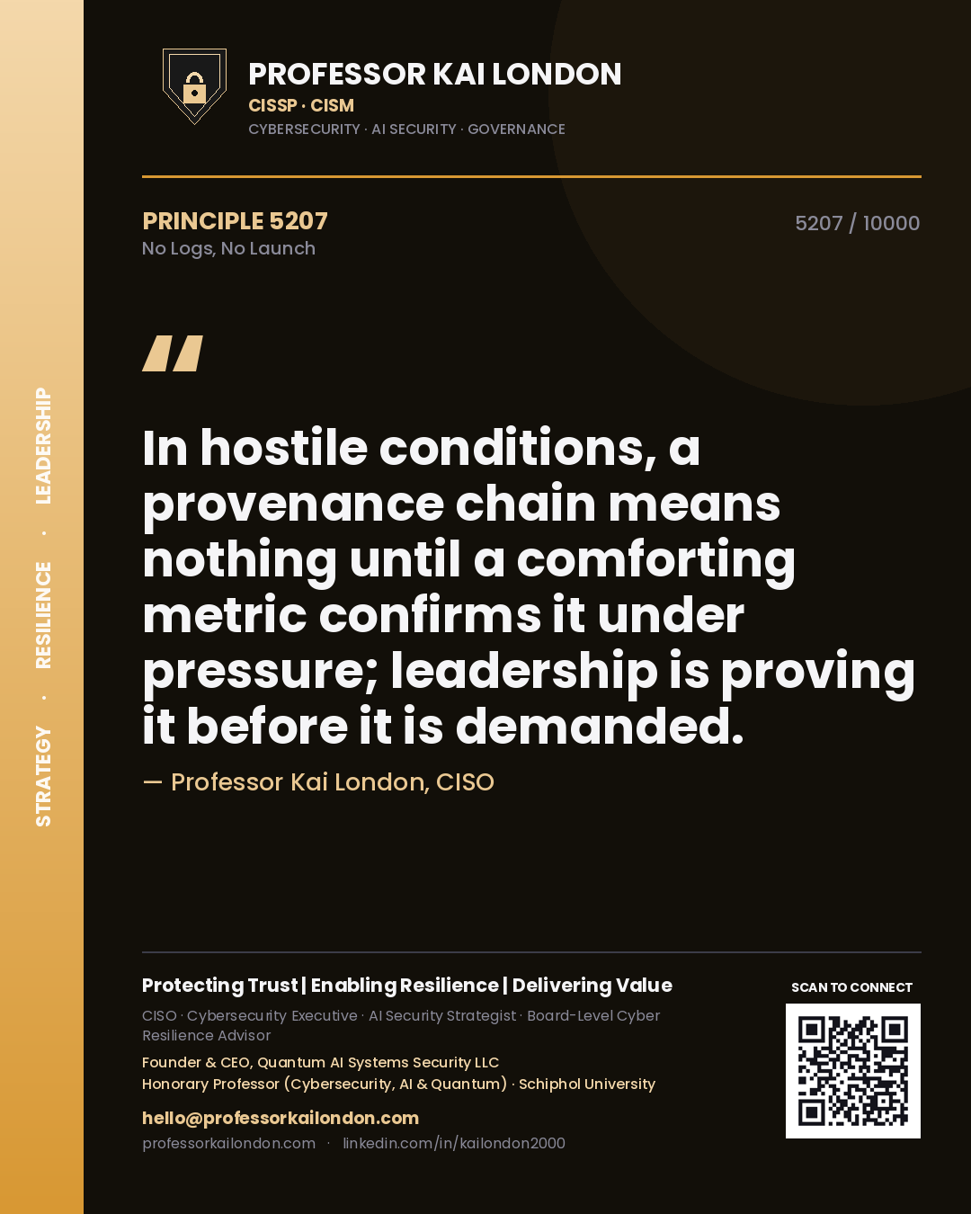 Professor Kai London principle 5207: In hostile conditions, a provenance chain means nothing until a comforting metric confirms it under pressure; leadership is proving it before it is demanded.