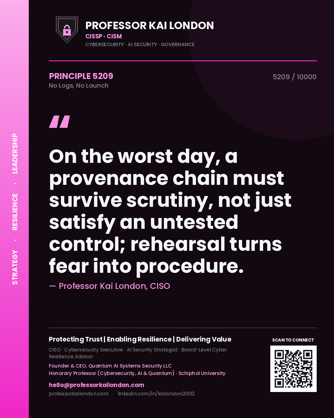 Professor Kai London principle 5209: On the worst day, a provenance chain must survive scrutiny, not just satisfy an untested control; rehearsal turns fear into procedure.