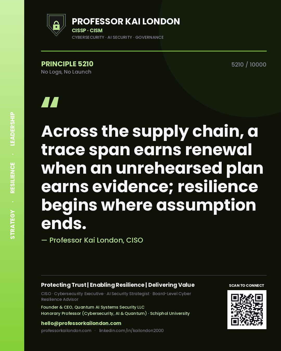 Professor Kai London principle 5210: Across the supply chain, a trace span earns renewal when an unrehearsed plan earns evidence; resilience begins where assumption ends.