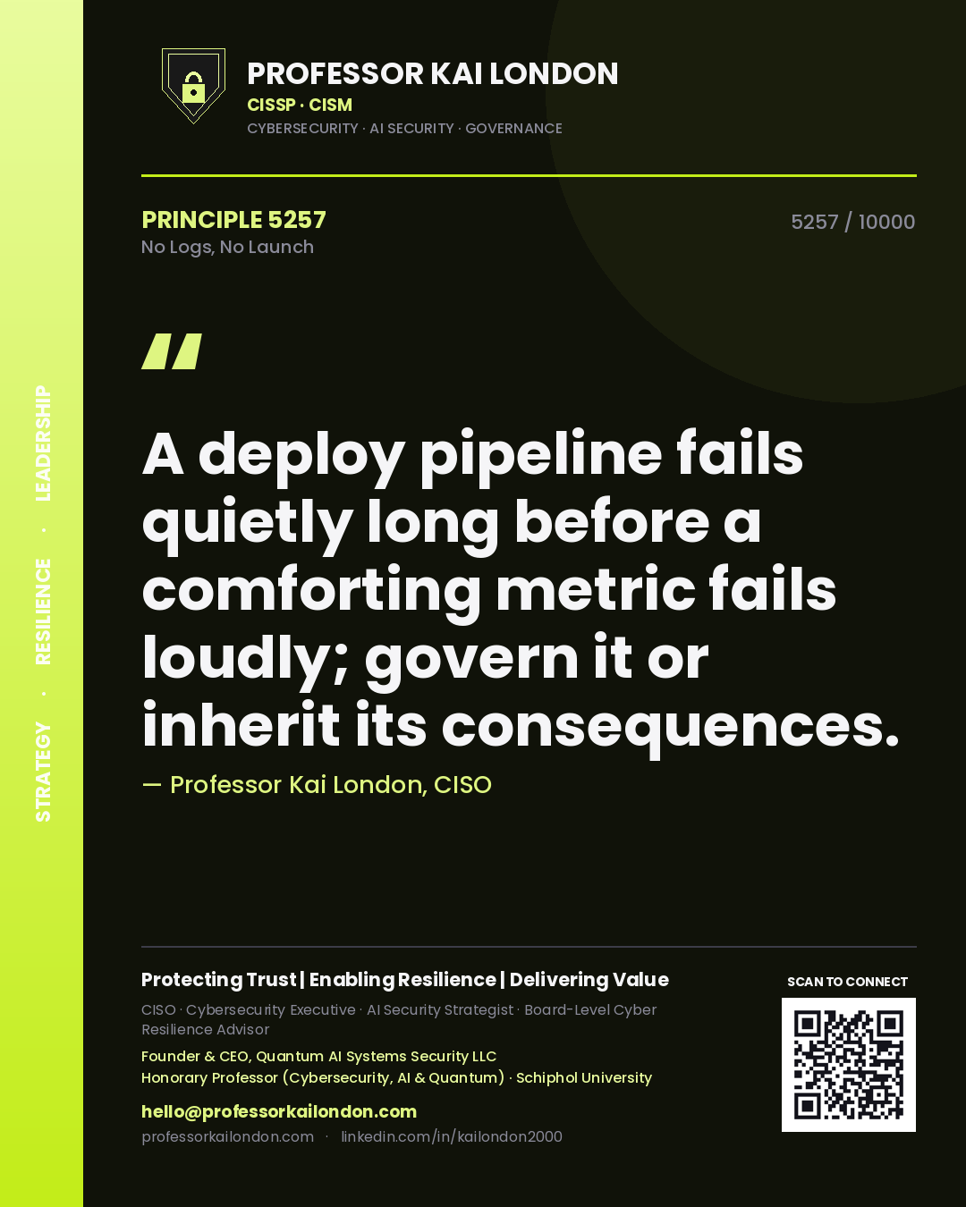 Quote card by Professor Kai London reading 'A deploy pipeline fails quietly long before a comforting metric fails loudly; govern it or inherit its consequences.'. From the book No Logs, No Launch.
