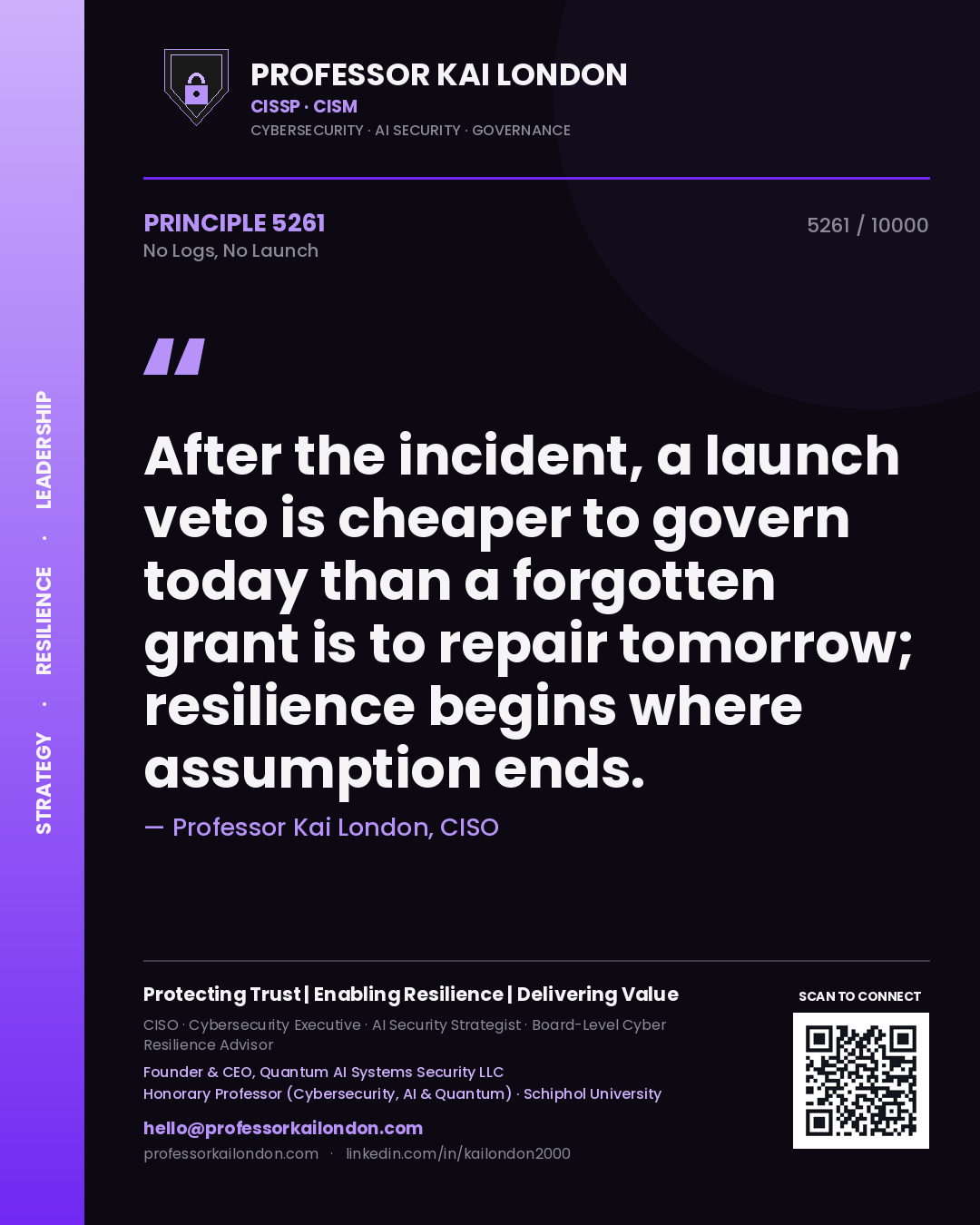 Quote card by Professor Kai London reading 'After the incident, a launch veto is cheaper to govern today than a forgotten grant is to repair tomorrow; resilience begins where assumption ends.'. From the book No Logs, No Launch.