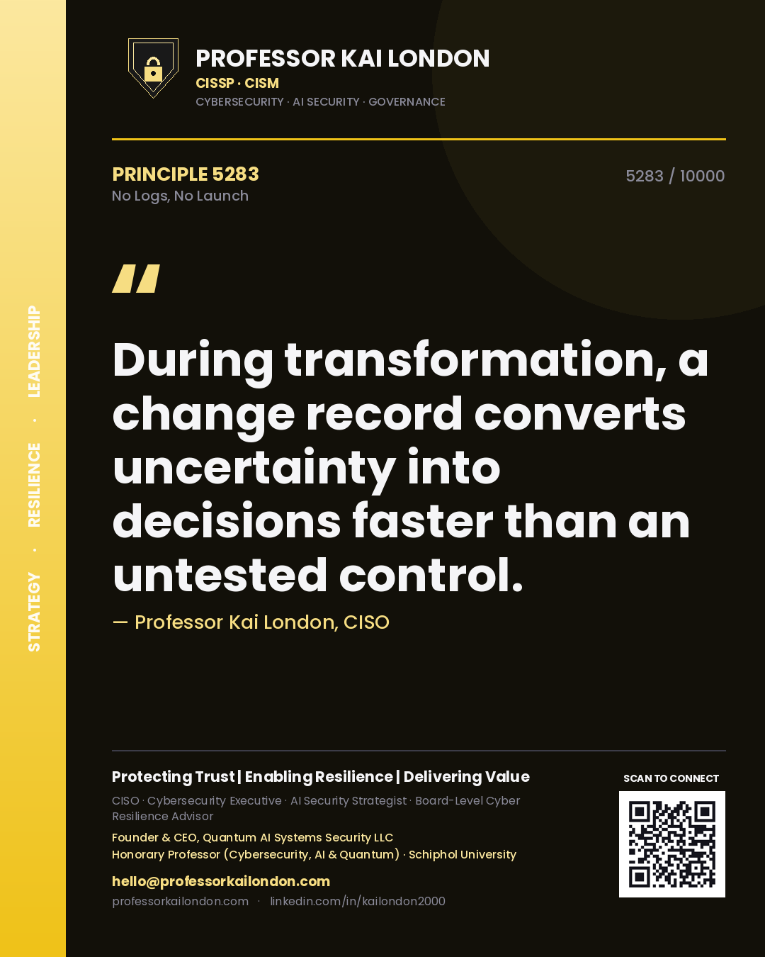 Professor Kai London principle 5283: During transformation, a change record converts uncertainty into decisions faster than an untested control.