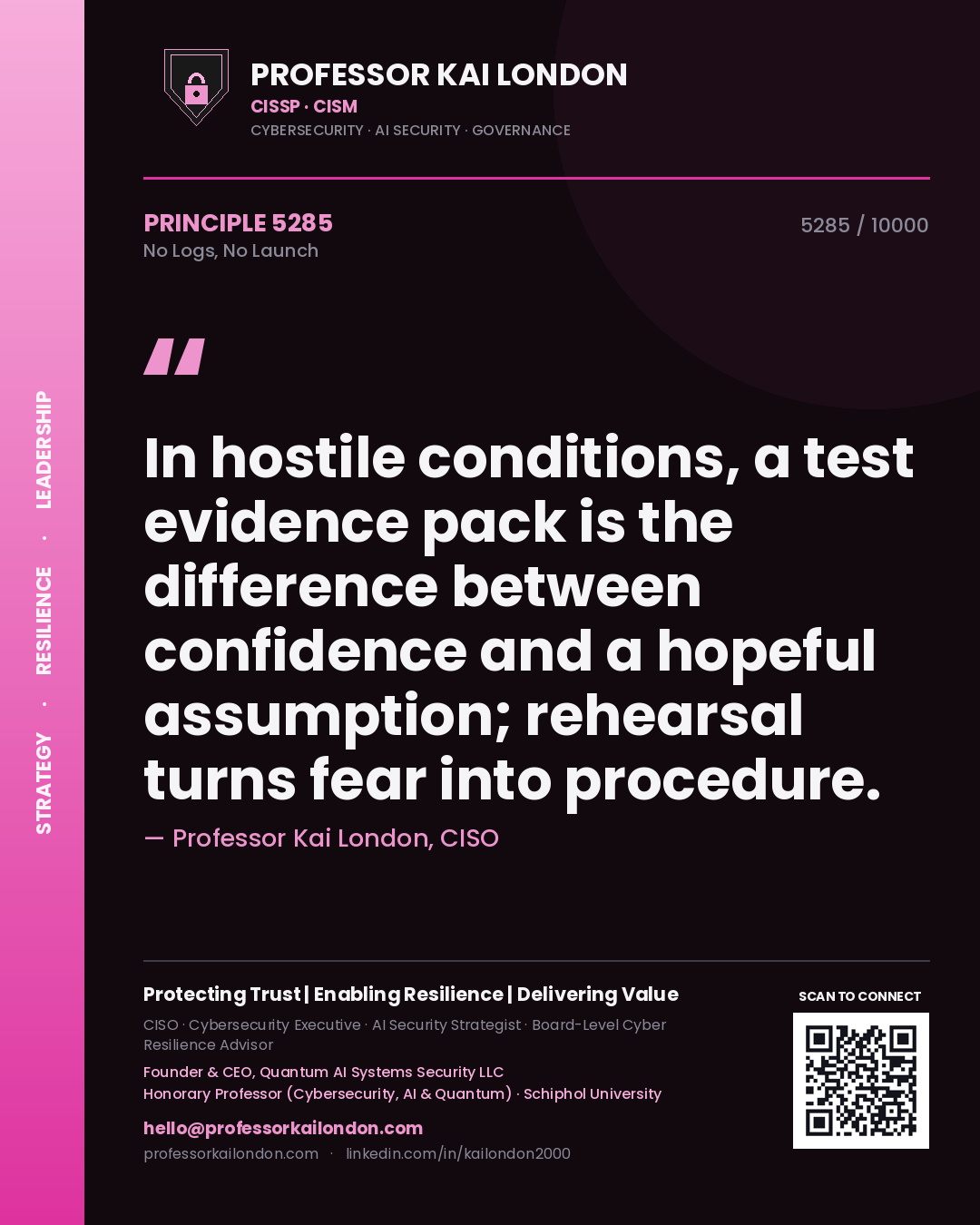 Professor Kai London principle 5285: In hostile conditions, a test evidence pack is the difference between confidence and a hopeful assumption; rehearsal turns fear into procedure.