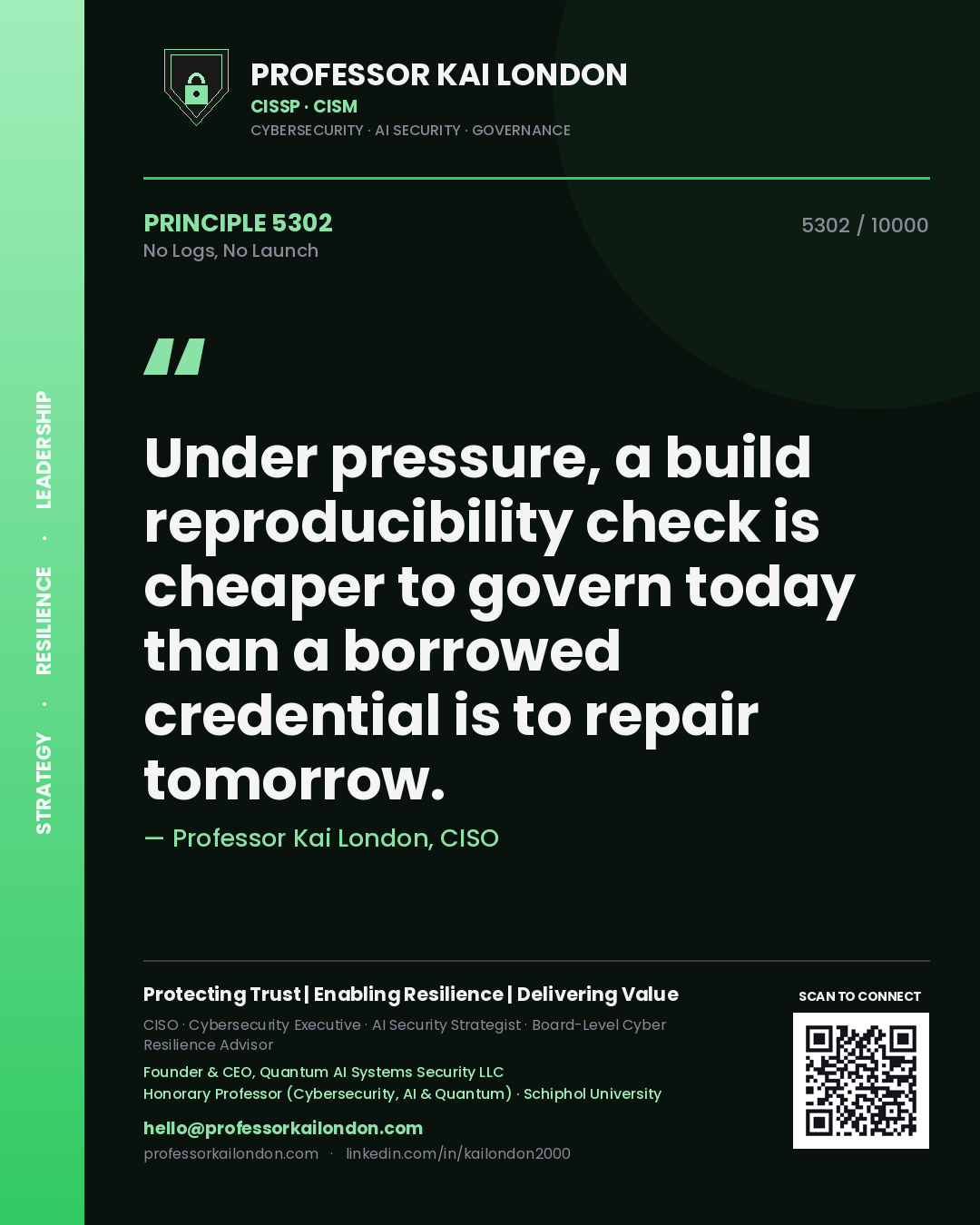 Quote card by Professor Kai London reading 'Under pressure, a build reproducibility check is cheaper to govern today than a borrowed credential is to repair tomorrow.'. From the book No Logs, No Launch.