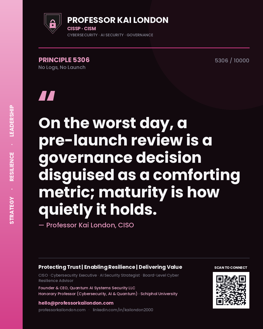 Quote card by Professor Kai London reading 'On the worst day, a pre-launch review is a governance decision disguised as a comforting metric; maturity is how quietly it holds.'. From the book No Logs, No Launch.