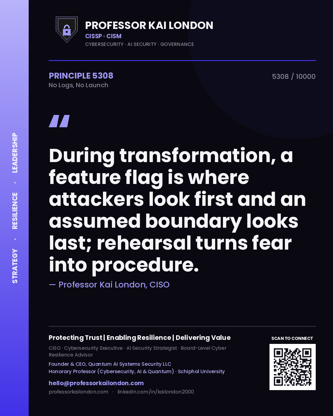Professor Kai London principle 5308: During transformation, a feature flag is where attackers look first and an assumed boundary looks last; rehearsal turns fear into procedure.