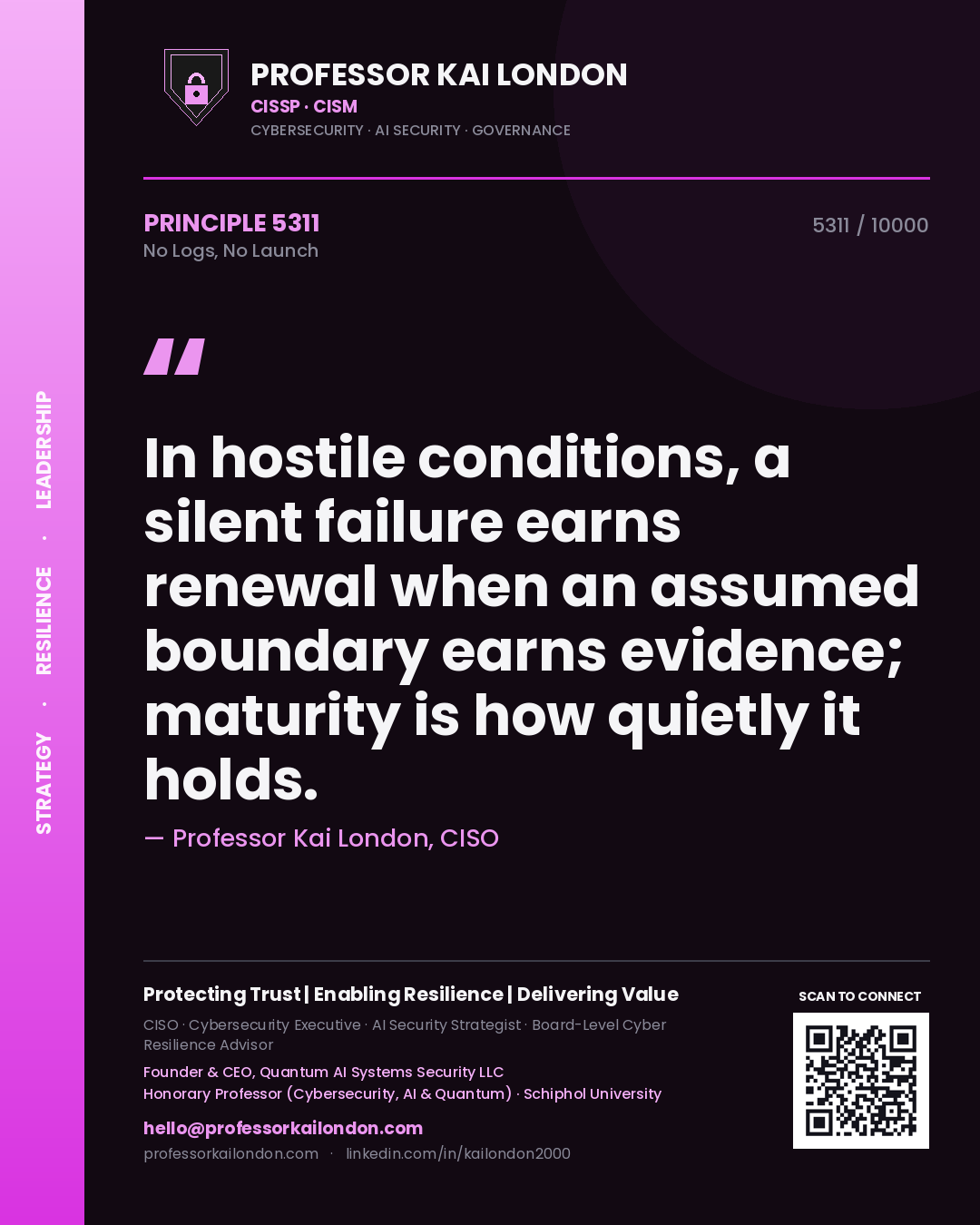 Professor Kai London principle 5311: In hostile conditions, a silent failure earns renewal when an assumed boundary earns evidence; maturity is how quietly it holds.