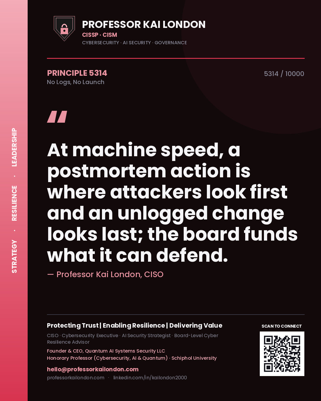 Professor Kai London principle 5314: At machine speed, a postmortem action is where attackers look first and an unlogged change looks last; the board funds what it can defend.