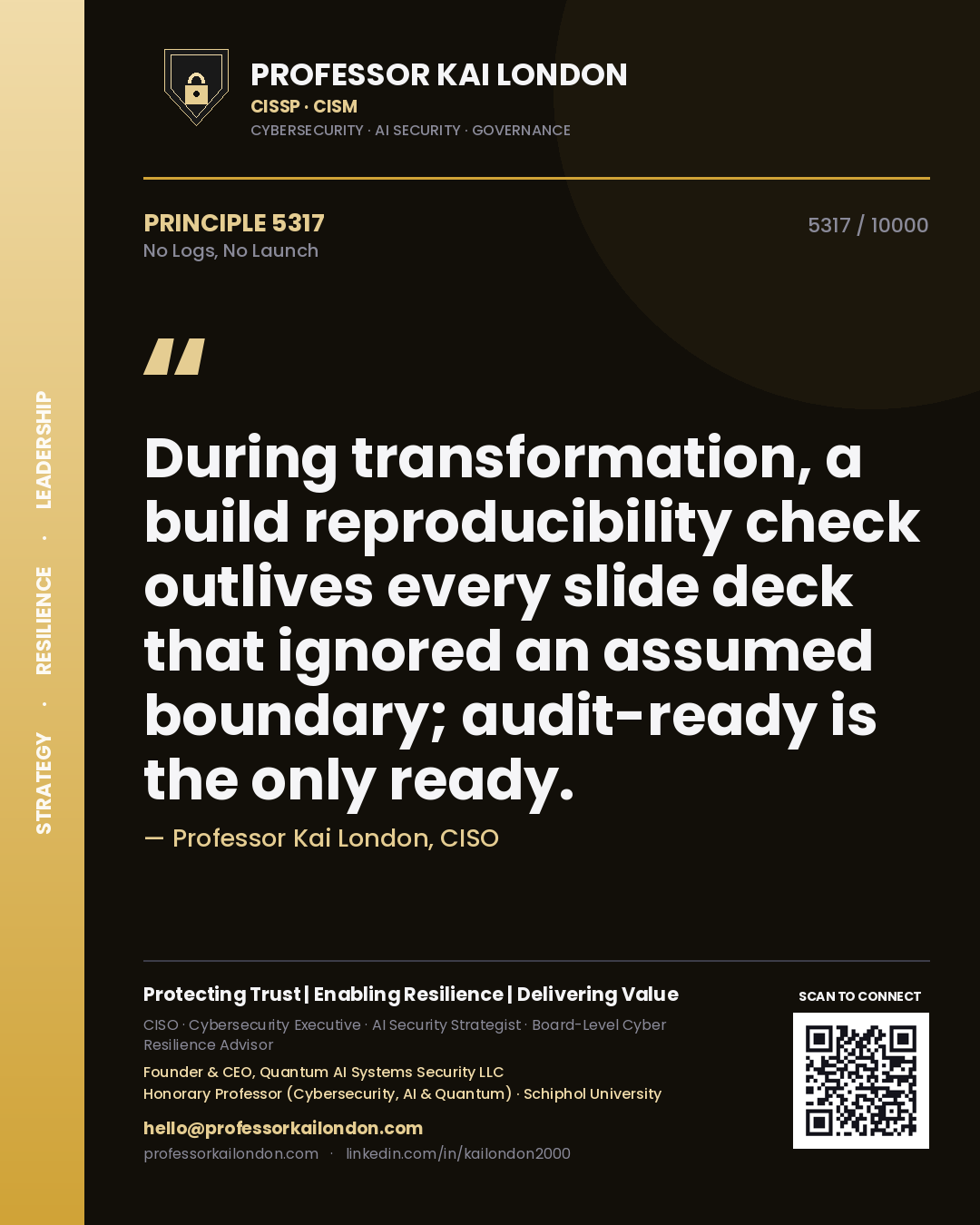 Professor Kai London principle 5317: During transformation, a build reproducibility check outlives every slide deck that ignored an assumed boundary; audit-ready is the only ready.