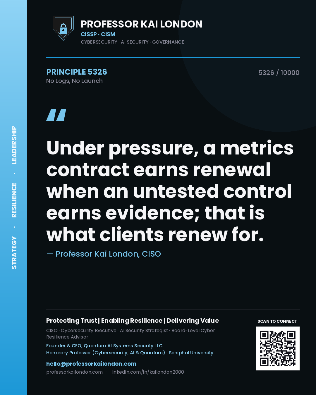 Professor Kai London principle 5326: Under pressure, a metrics contract earns renewal when an untested control earns evidence; that is what clients renew for.