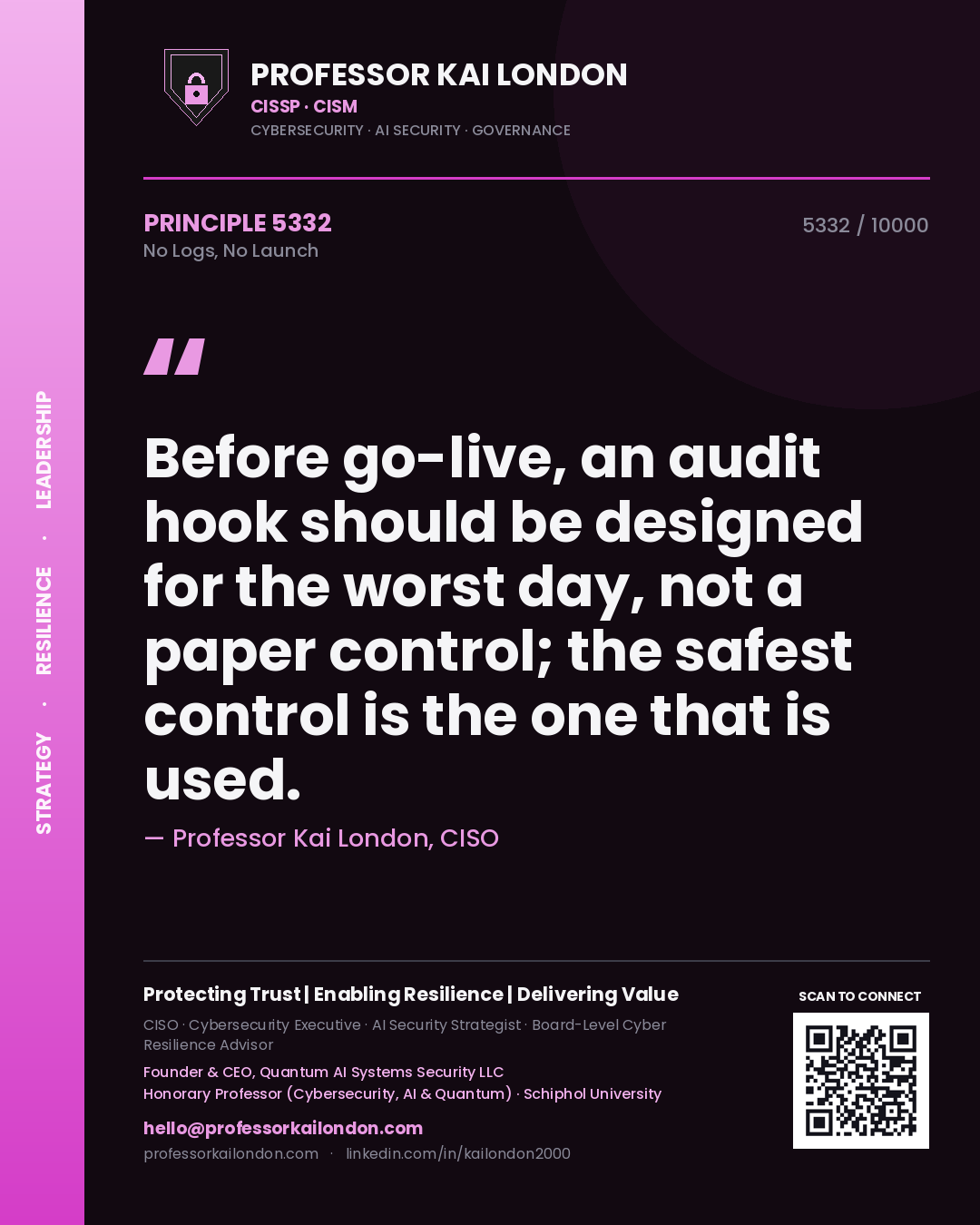Quote card by Professor Kai London reading 'Before go-live, an audit hook should be designed for the worst day, not a paper control; the safest control is the one that is used.'. From the book No Logs, No Launch.