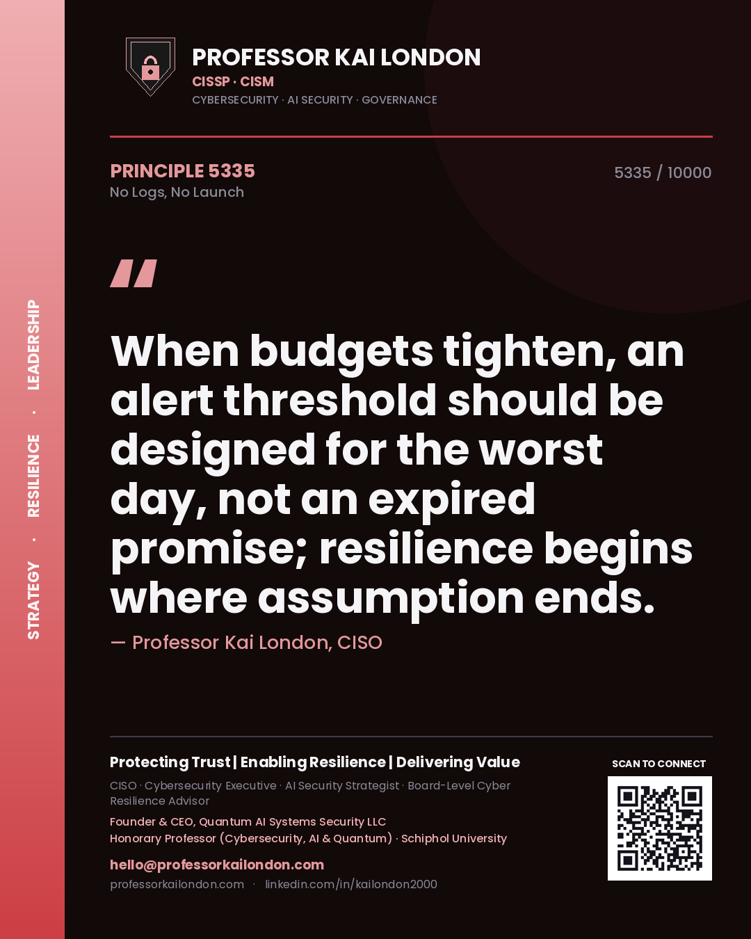 Professor Kai London principle 5335: When budgets tighten, an alert threshold should be designed for the worst day, not an expired promise; resilience begins where assumption ends.
