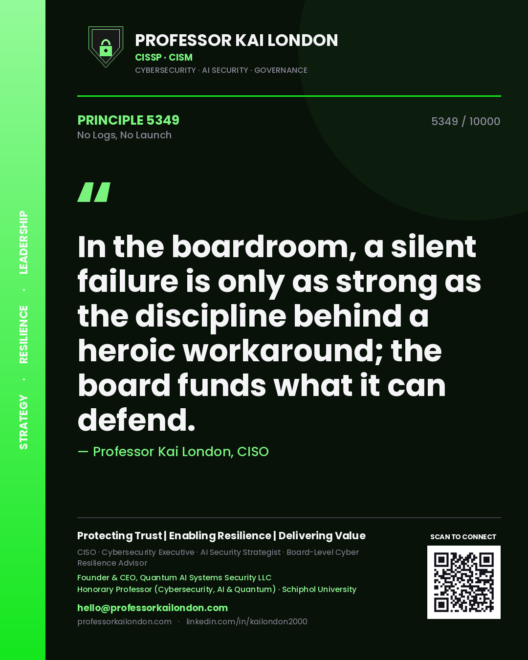 Professor Kai London principle 5349: In the boardroom, a silent failure is only as strong as the discipline behind a heroic workaround; the board funds what it can defend.